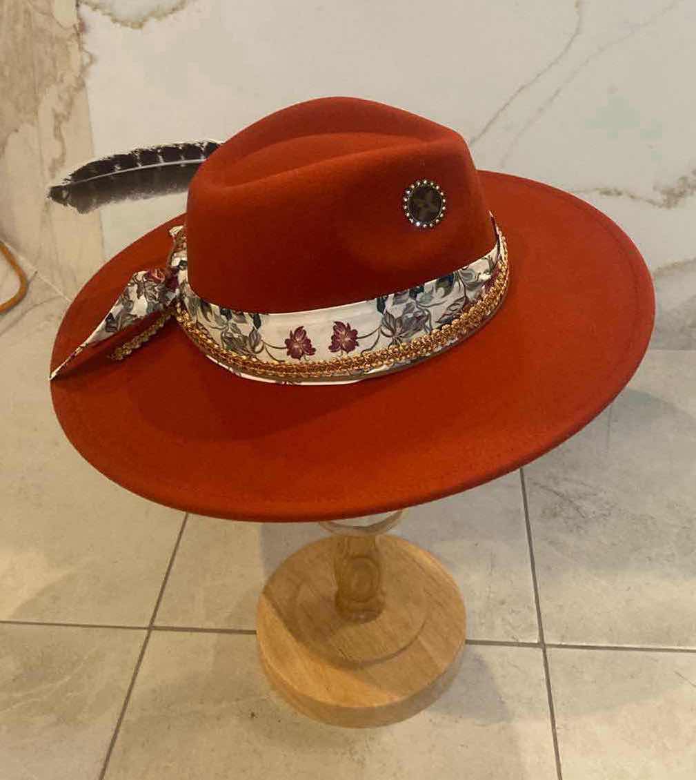 Photo 6 of  NEW CUSTOM DESIGNED FEDORA WITH LOUIS VUITTON MONOGRAM EMBELLISHMENTS HAT - WIDE BRIM CARAMEL COLOR (ADJUSTABLE)