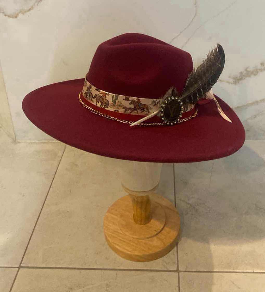 Photo 1 of  NEW CUSTOM DESIGNED FEDORA WITH LOUIS VUITTON MONOGRAM EMBELLISHMENTS HAT - WIDE BRIM WINE RED COLOR (ADJUSTABLE)