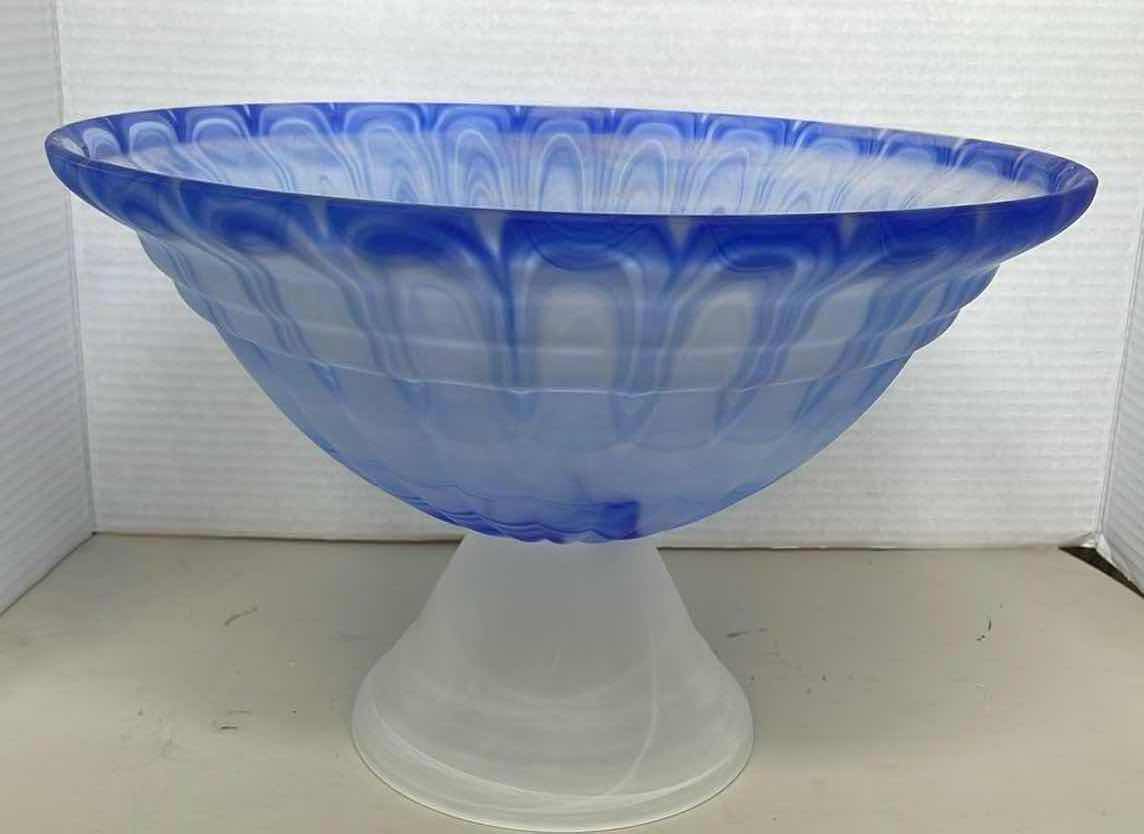 Photo 1 of FROSTED GLASS BLUE SWIRL CENTERPIECE BOWL 16” x 10”