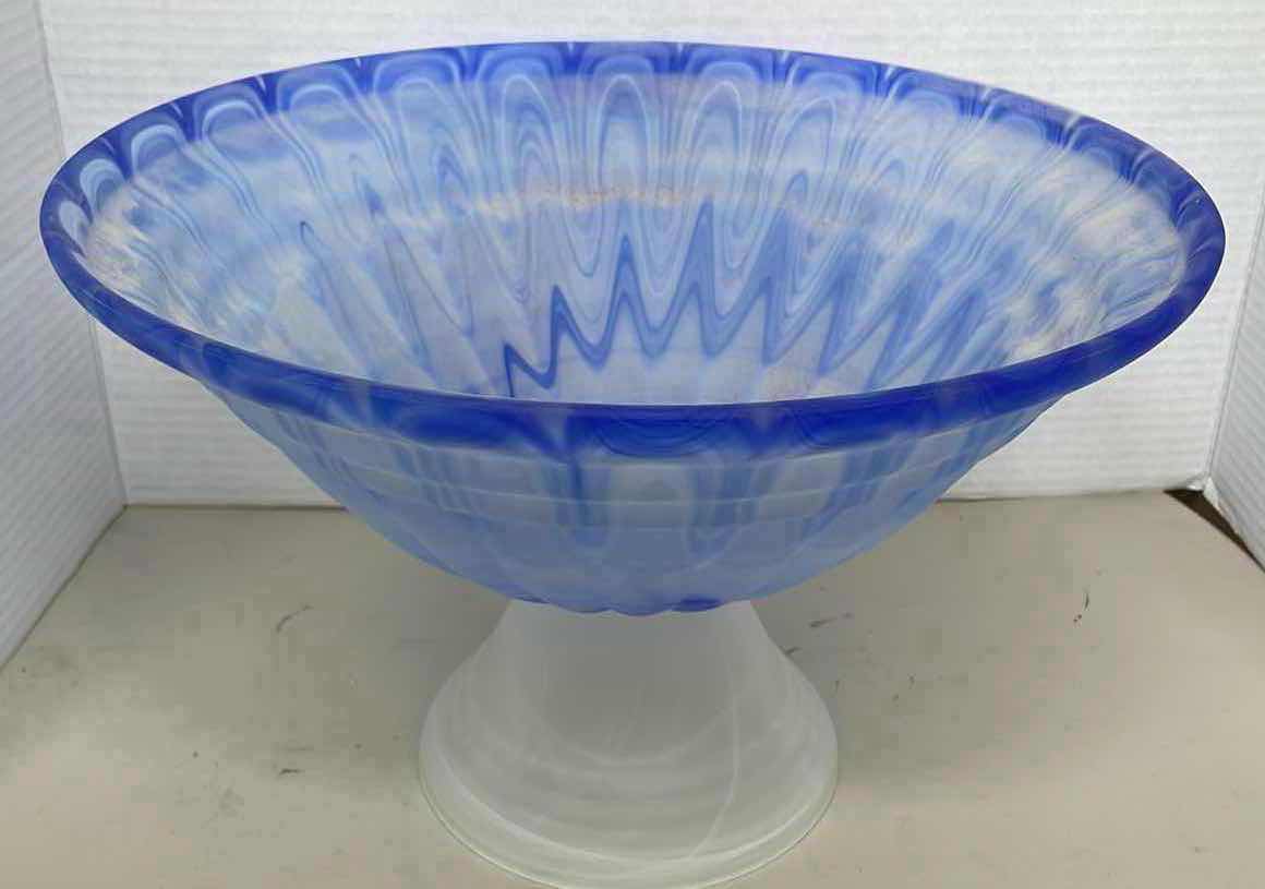 Photo 2 of FROSTED GLASS BLUE SWIRL CENTERPIECE BOWL 16” x 10”