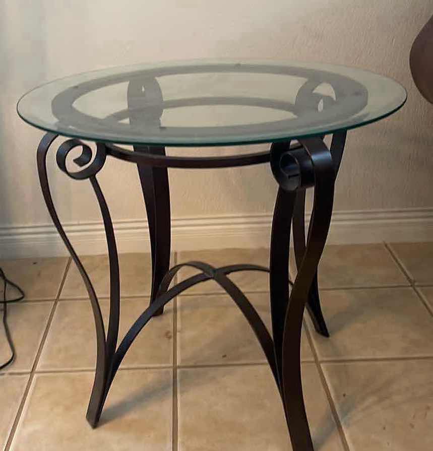 Photo 1 of METAL AND GLASS TOP SIDE TABLE 28”x24”