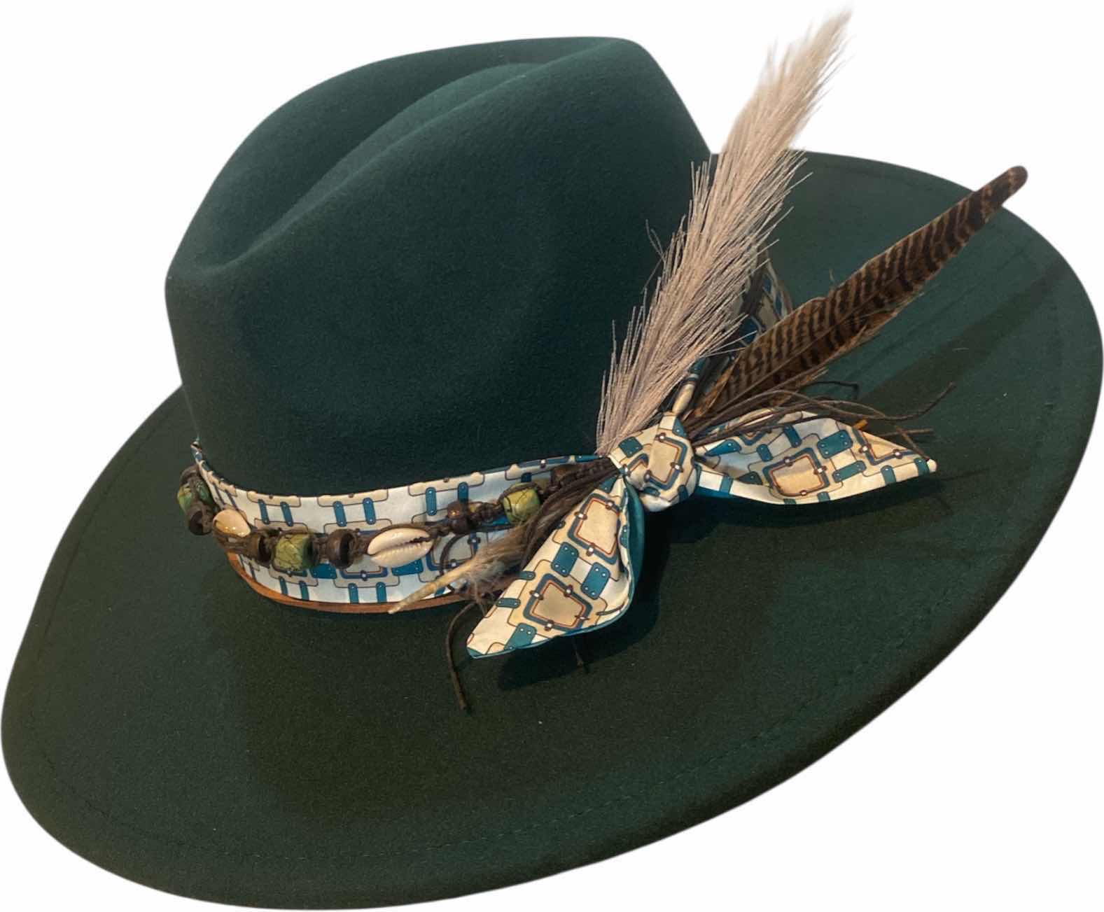 Photo 1 of NEW - CUSTOM DECORATED FOREST GREEN FEDORA HAT WITH FEATHER - ADJUSTABLE WITH INTERIOR RIBBON - TIE TO FIT