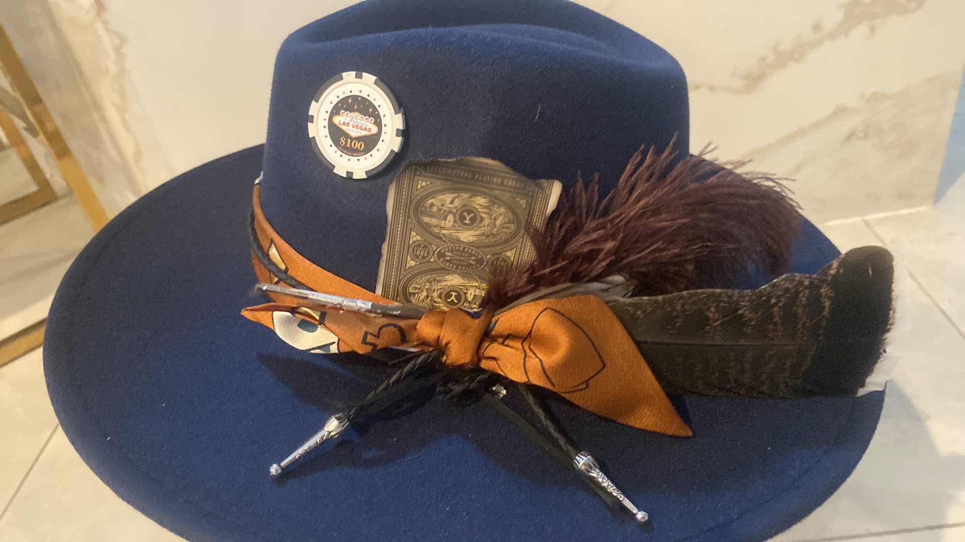 Photo 1 of NEW - CUSTOM DECORATED NAVY BLUE CASINO THEME FEDORA HAT WITH REMOVABLE CARD & FEATHER - ADJUSTABLE WITH INTERIOR RIBBON - TIE TO FIT