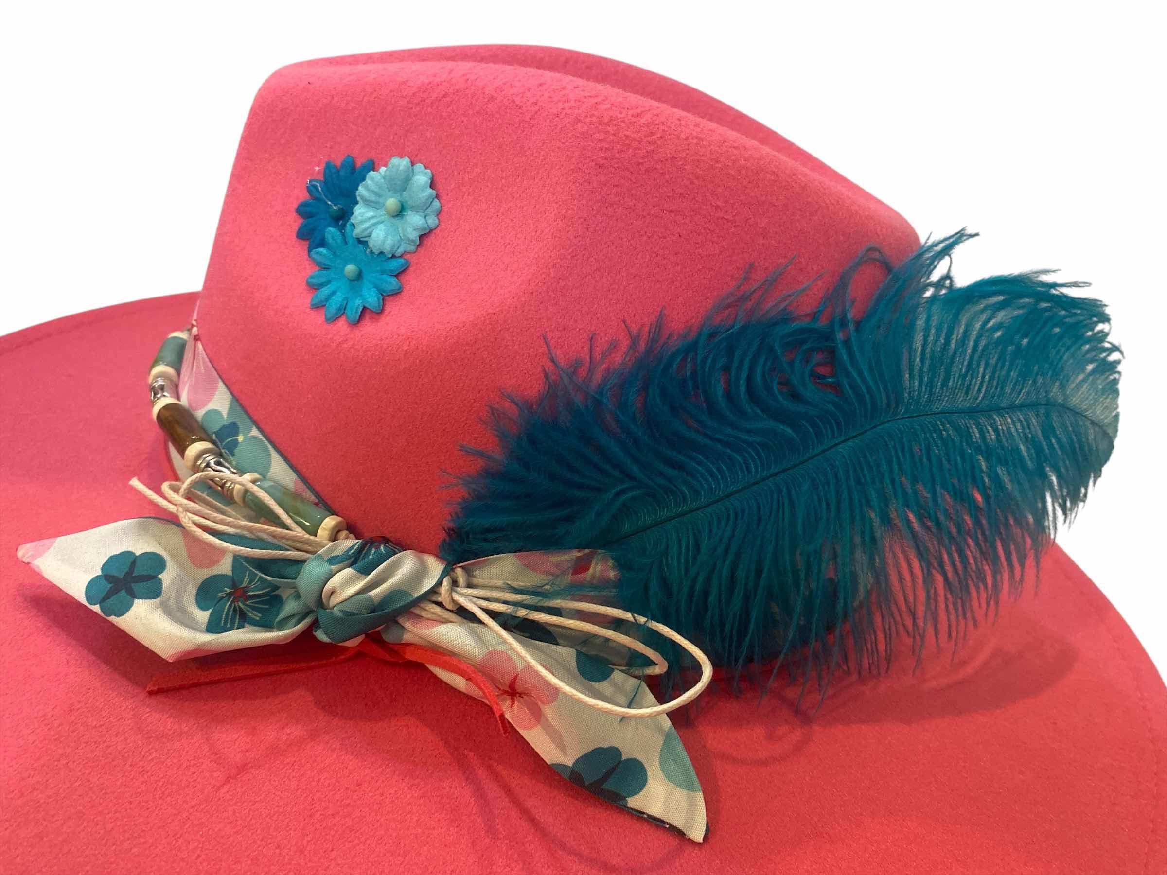 Photo 1 of NEW - CUSTOM VIVID PINK FEDORA HAT WITH REMOVABLE FEATHERS - ADJUSTABLE WITH INTERIOR RIBBON - TIE TO FIT