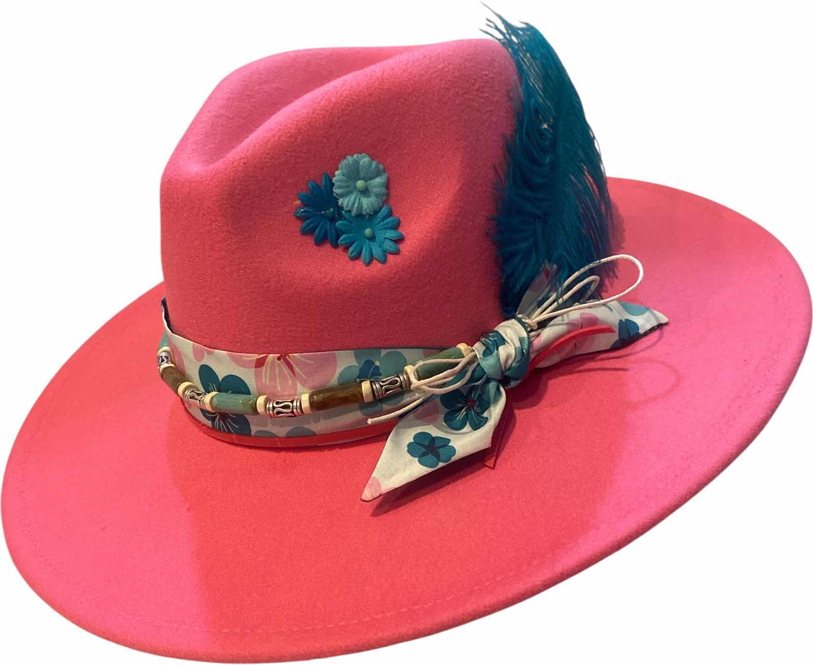 Photo 1 of NEW - CUSTOM VIVID PINK FEDORA HAT WITH REMOVABLE FEATHERS - ADJUSTABLE WITH INTERIOR RIBBON - TIE TO FIT