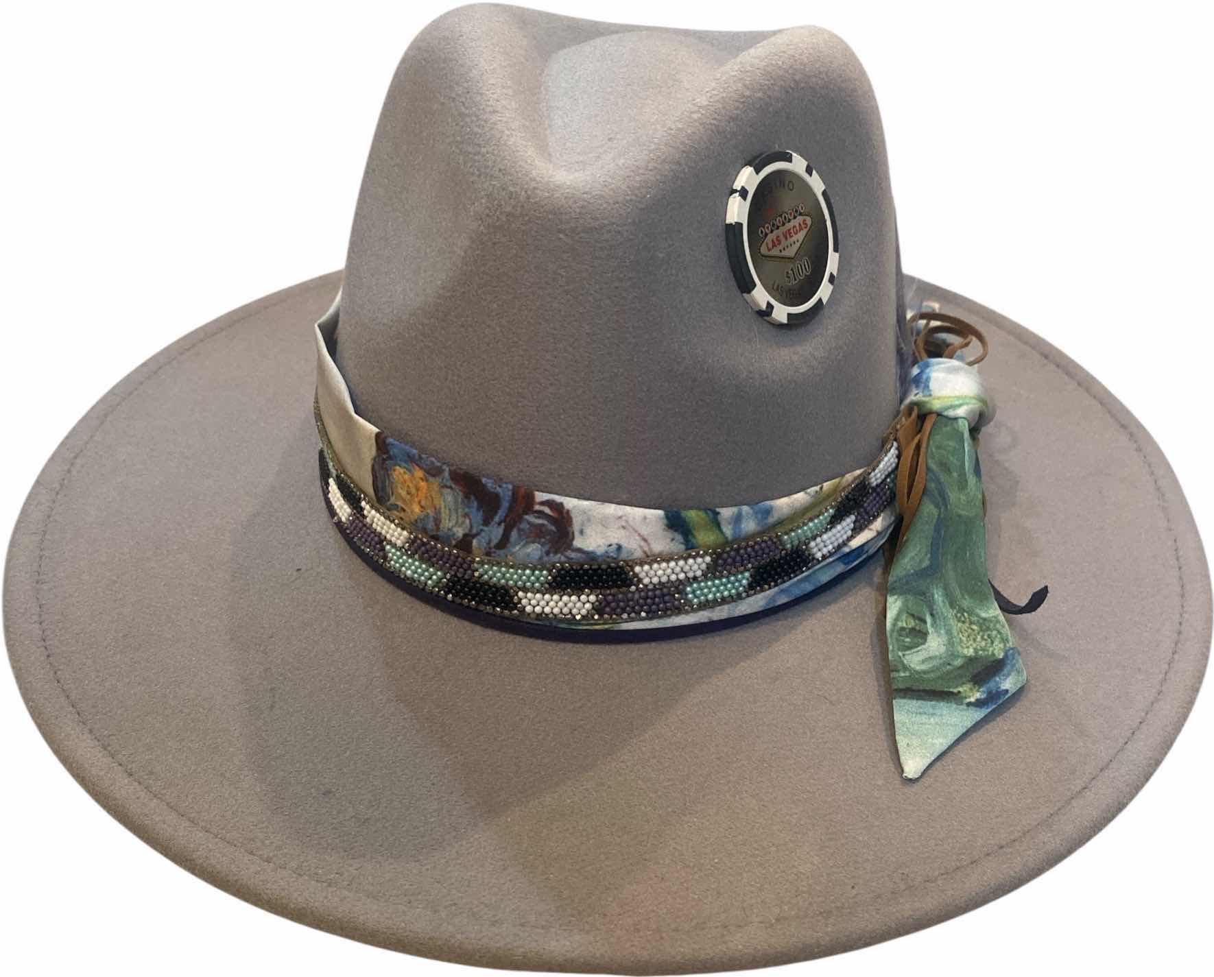 Photo 1 of NEW - CUSTOM DECORATED SOFT GRAY CASINO THEME FEDORA HAT WITH REMOVABLE FEATHER - ADJUSTABLE WITH INTERIOR RIBBON - TIE TO FIT