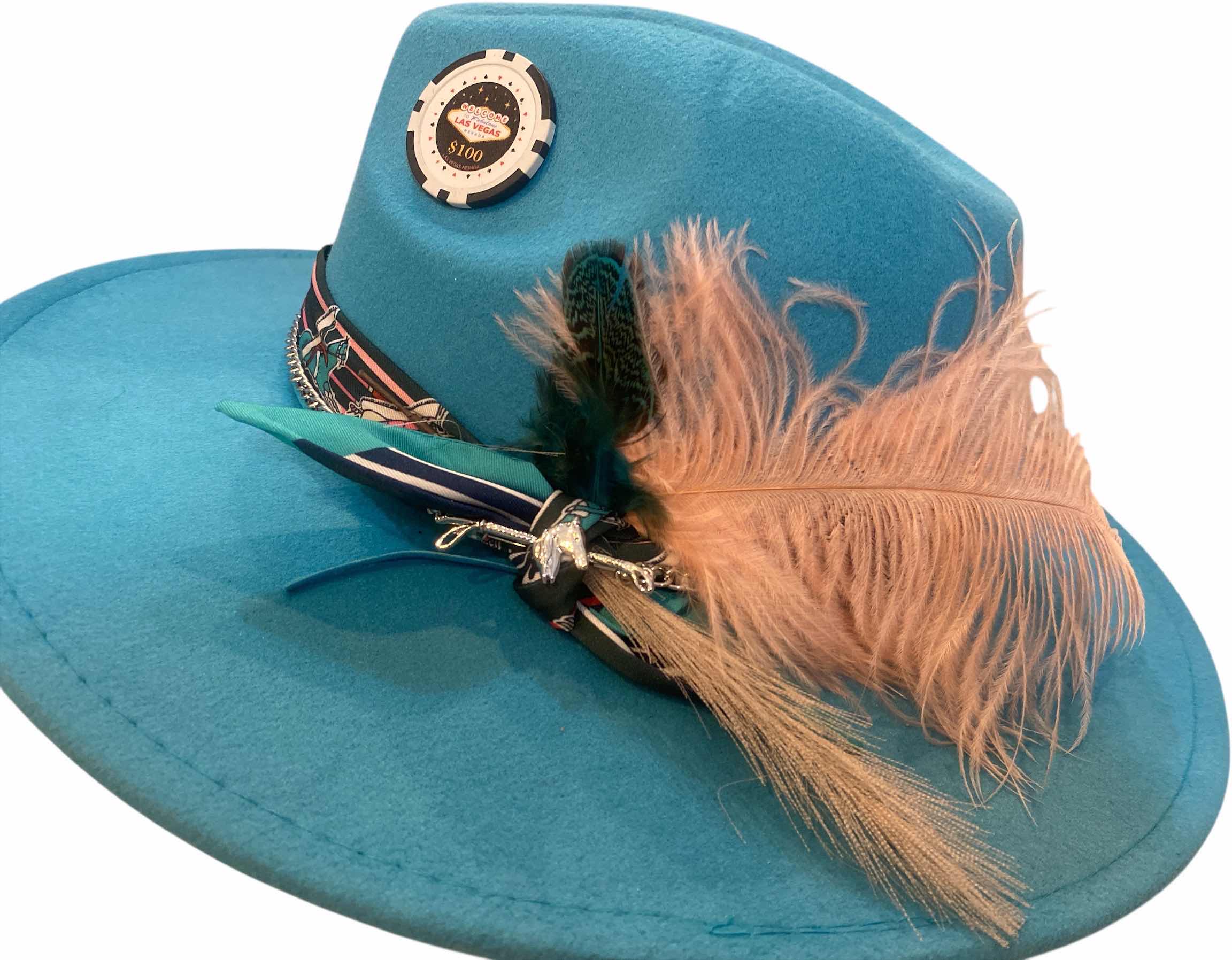 Photo 1 of NEW - CUSTOM DECORATED LAKE BLUE CASINO THEME FEDORA HAT WITH REMOVABLE FEATHERS- ADJUSTABLE WITH INTERIOR RIBBON - TIE TO FIT