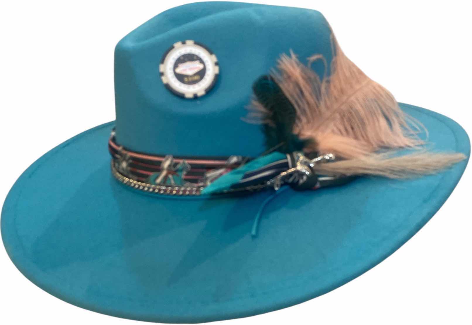 Photo 1 of NEW - CUSTOM DECORATED LAKE BLUE CASINO THEME FEDORA HAT WITH REMOVABLE FEATHERS- ADJUSTABLE WITH INTERIOR RIBBON - TIE TO FIT
