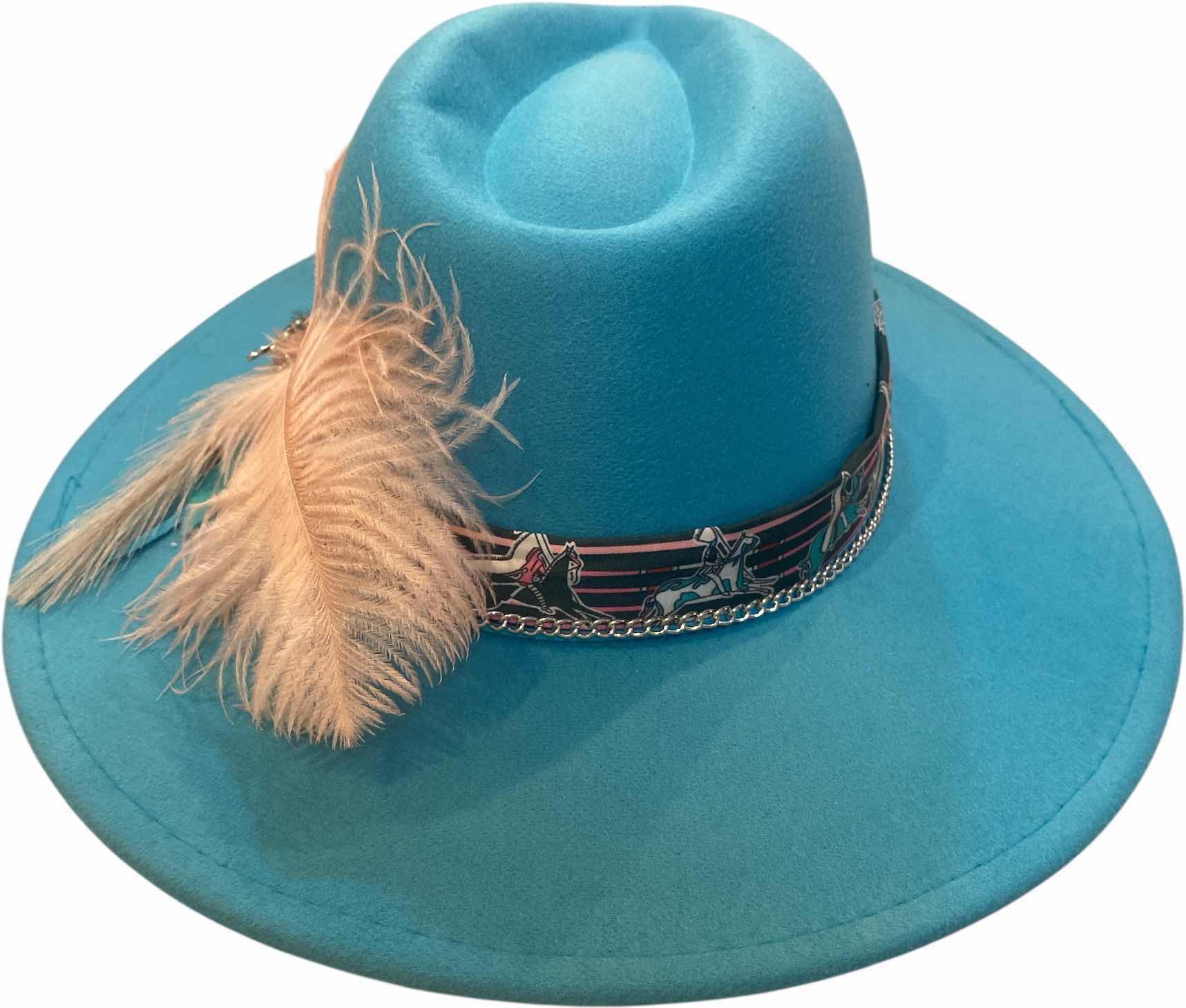 Photo 1 of NEW - CUSTOM DECORATED LAKE BLUE CASINO THEME FEDORA HAT WITH REMOVABLE FEATHERS- ADJUSTABLE WITH INTERIOR RIBBON - TIE TO FIT