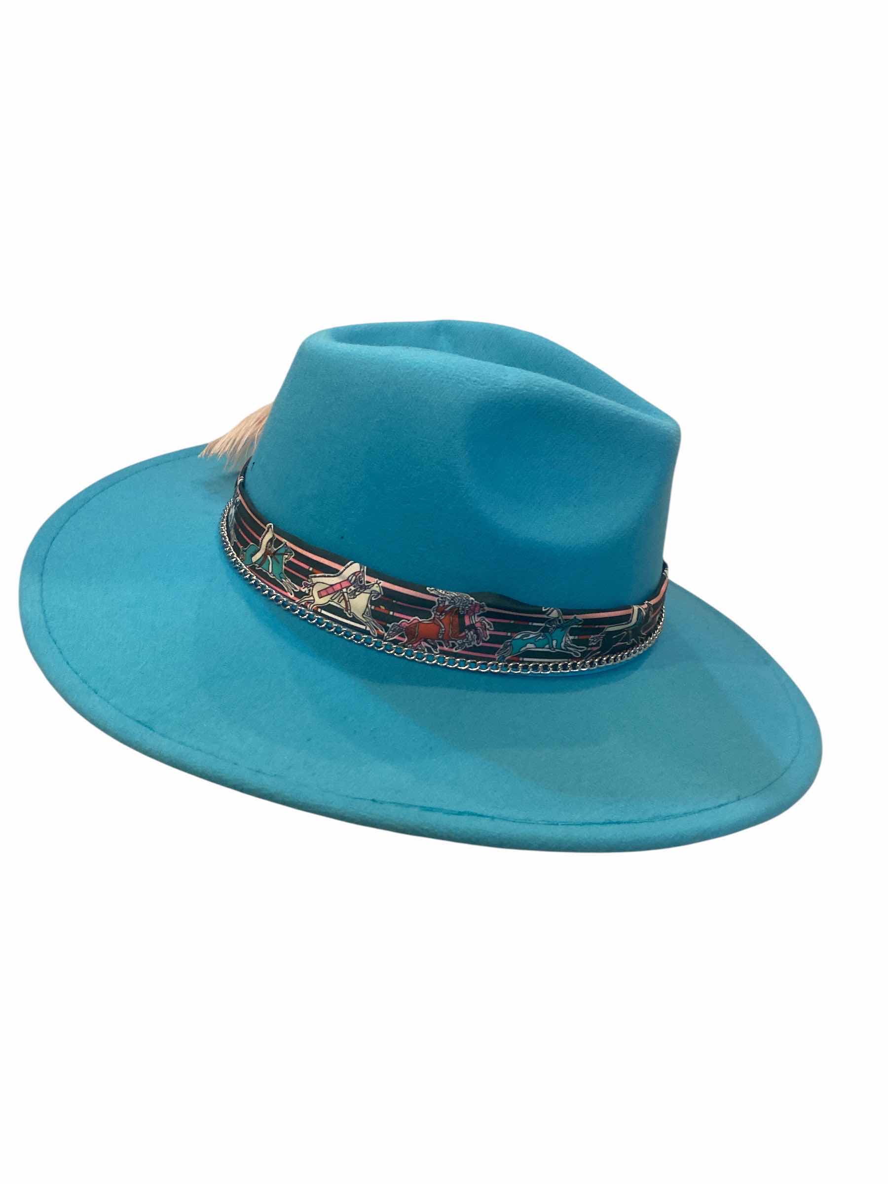 Photo 1 of NEW - CUSTOM DECORATED LAKE BLUE CASINO THEME FEDORA HAT WITH REMOVABLE FEATHERS- ADJUSTABLE WITH INTERIOR RIBBON - TIE TO FIT