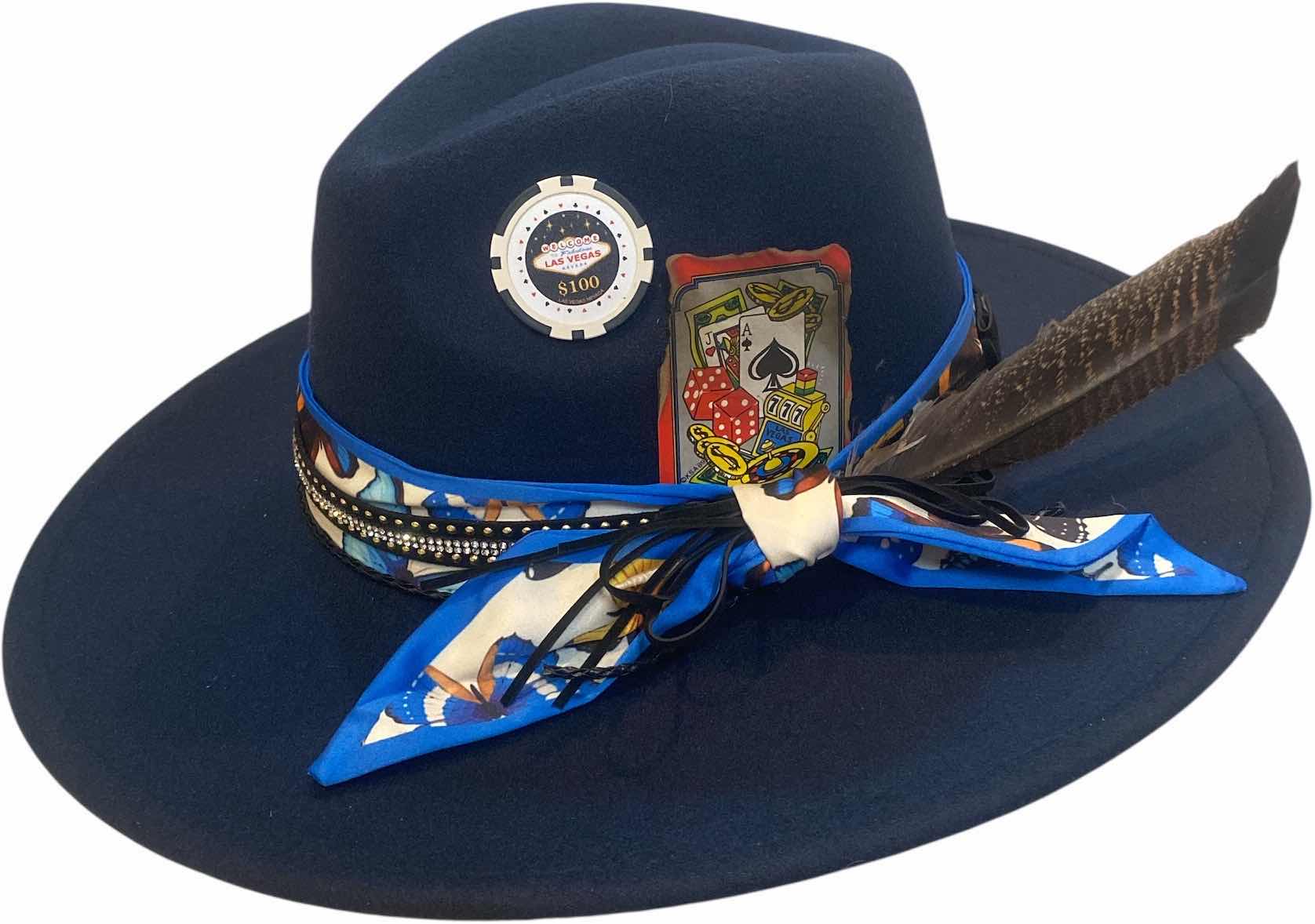 Photo 1 of NEW - CUSTOM DECORATED NAVY BLUE CASINO THEME FEDORA HAT WITH REMOVABLE CARD & FEATHER - ADJUSTABLE WITH INTERIOR RIBBON - TIE TO FIT