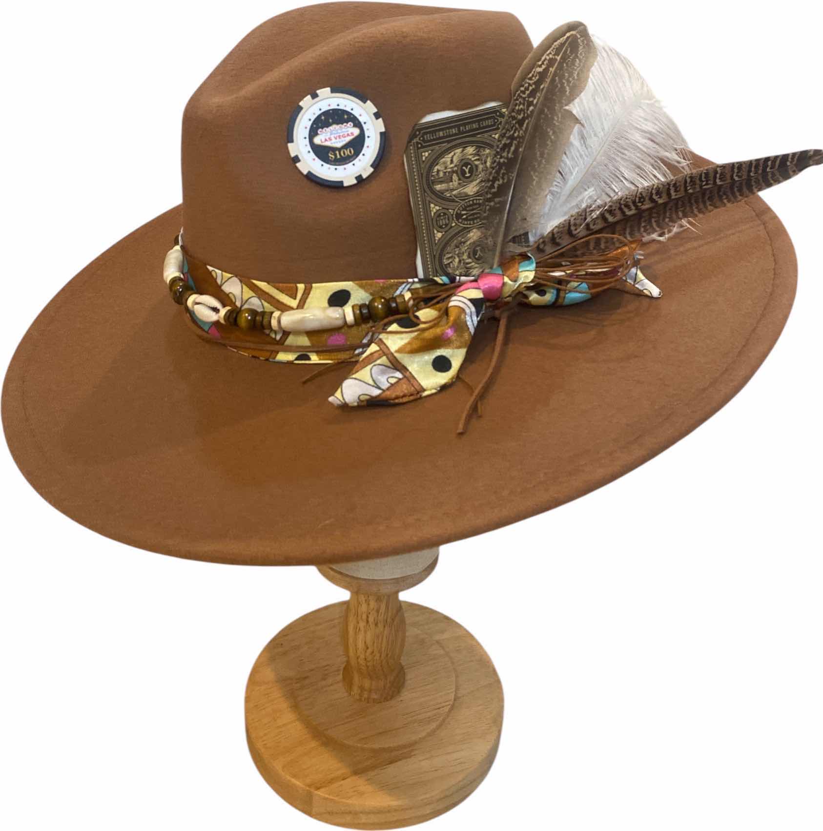 Photo 1 of NEW - CUSTOM DECORATED CARAMEL CASINO THEME FEDORA HAT WITH REMOVABLE CARD & FEATHER - ADJUSTABLE WITH INTERIOR RIBBON - TIE TO FIT