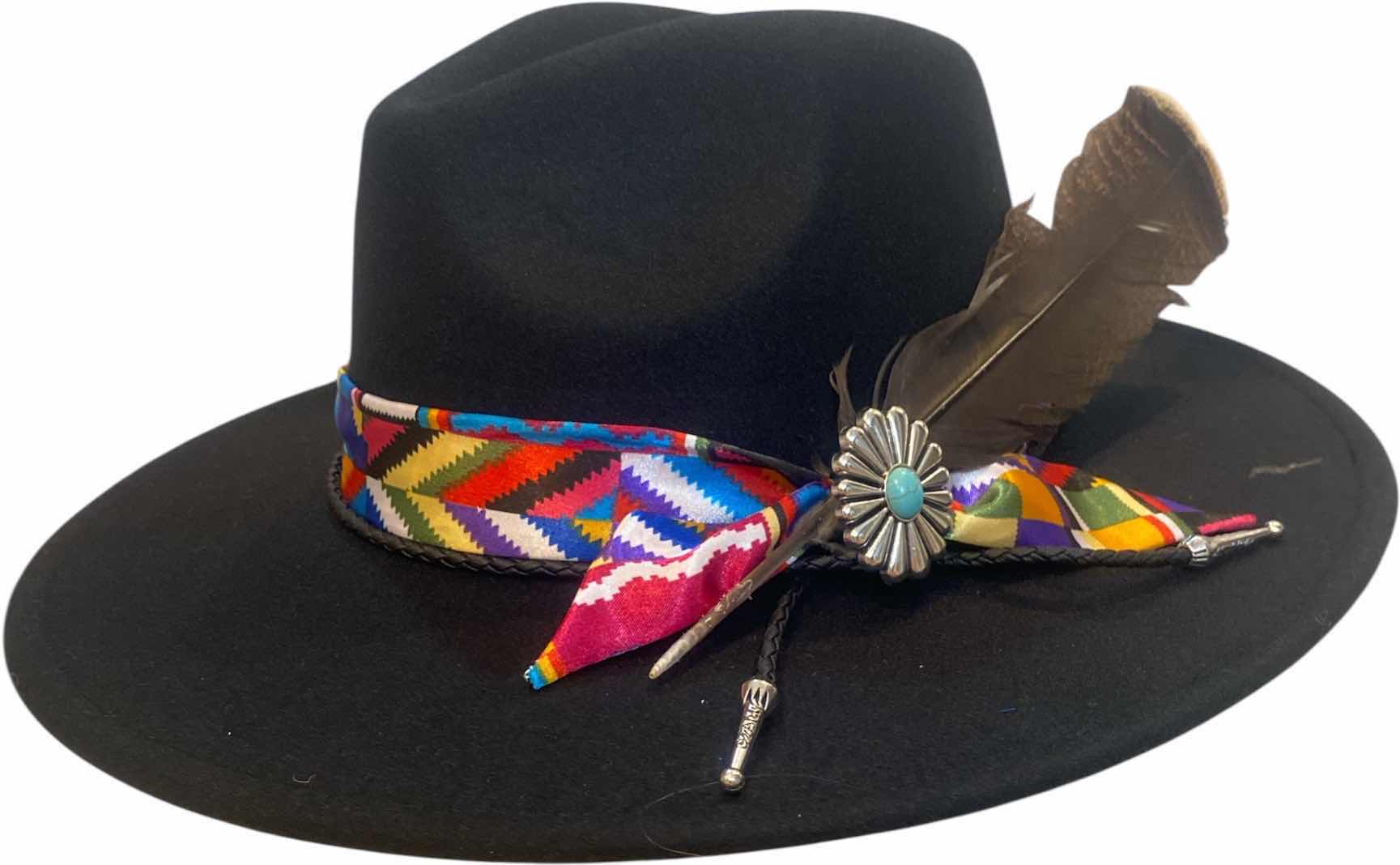 Photo 1 of NEW - CUSTOM DECORATED BLACK FEDORA HAT WITH FEATHER - ADJUSTABLE WITH INTERIOR RIBBON - TIE TO FIT