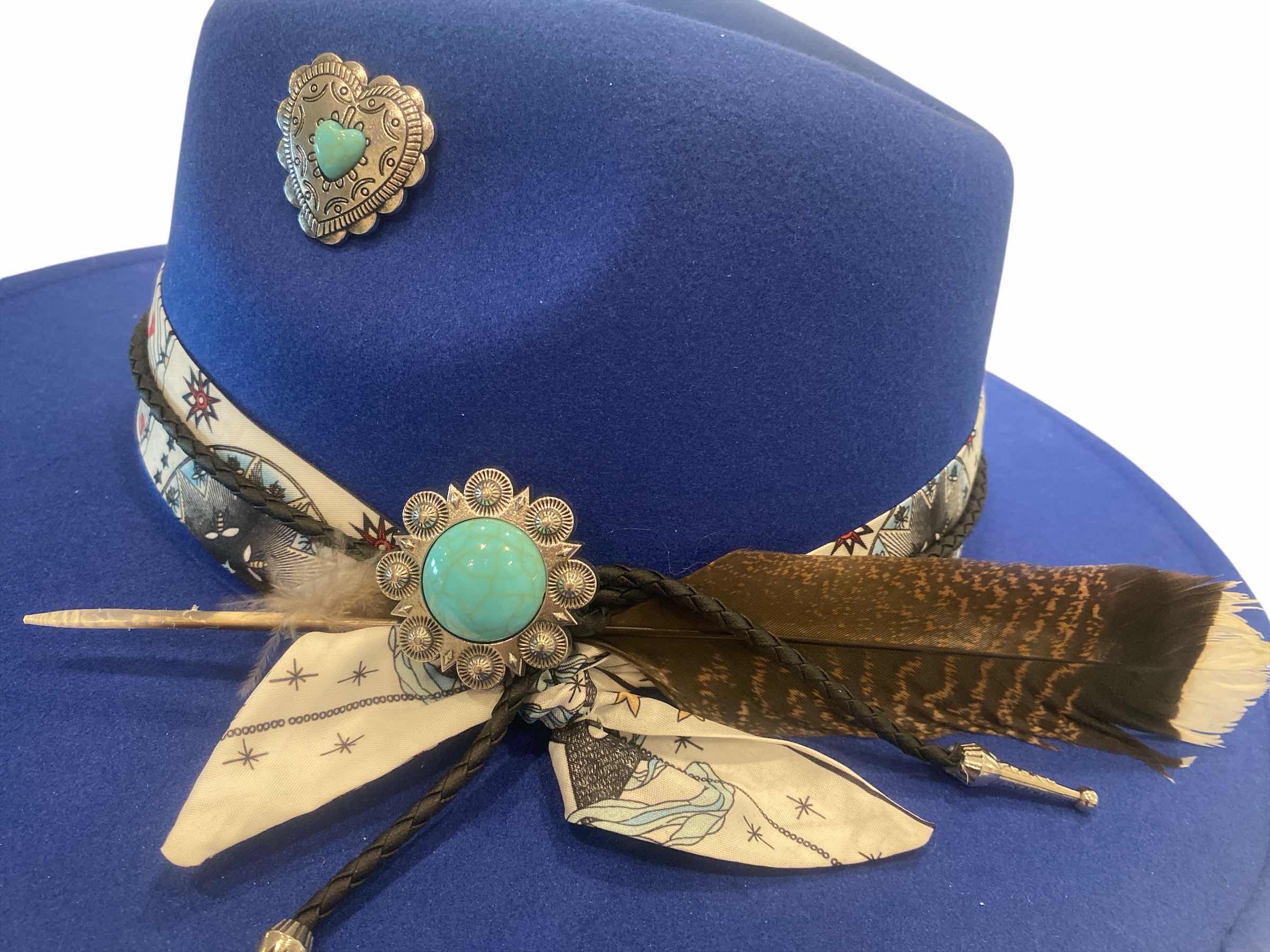 Photo 1 of NEW - CUSTOM DECORATED SAPPHIRE BLUE FEDORA HAT WITH FEATHER & EMBELISHMENTS - ADJUSTABLE WITH INTERIOR RIBBON - TIE TO FIT