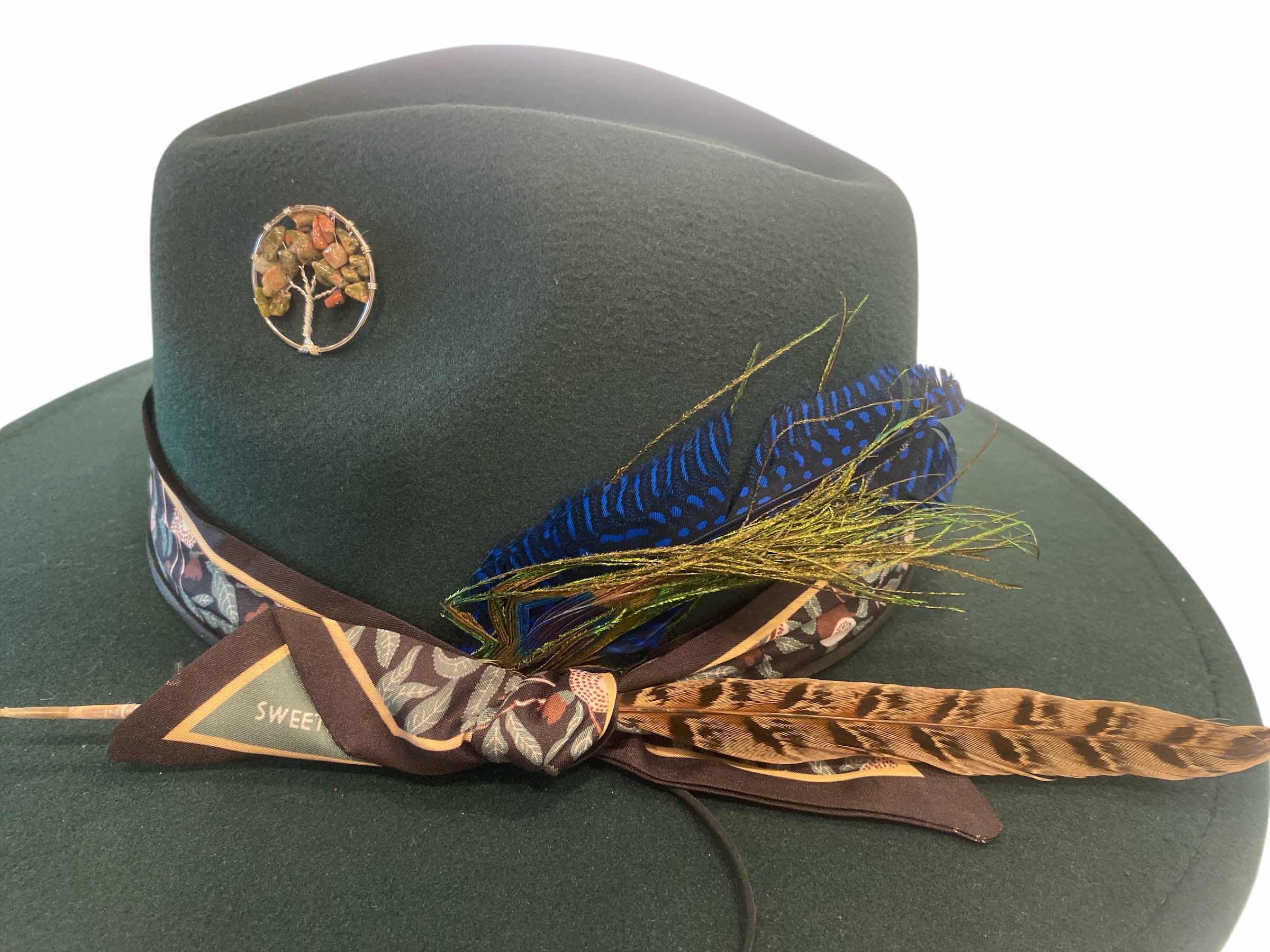 Photo 1 of NEW - CUSTOM DECORATED FOREST GREEN FEDORA HAT WITH FEATHER & EMBELISHMENTS - ADJUSTABLE WITH INTERIOR RIBBON - TIE TO FIT