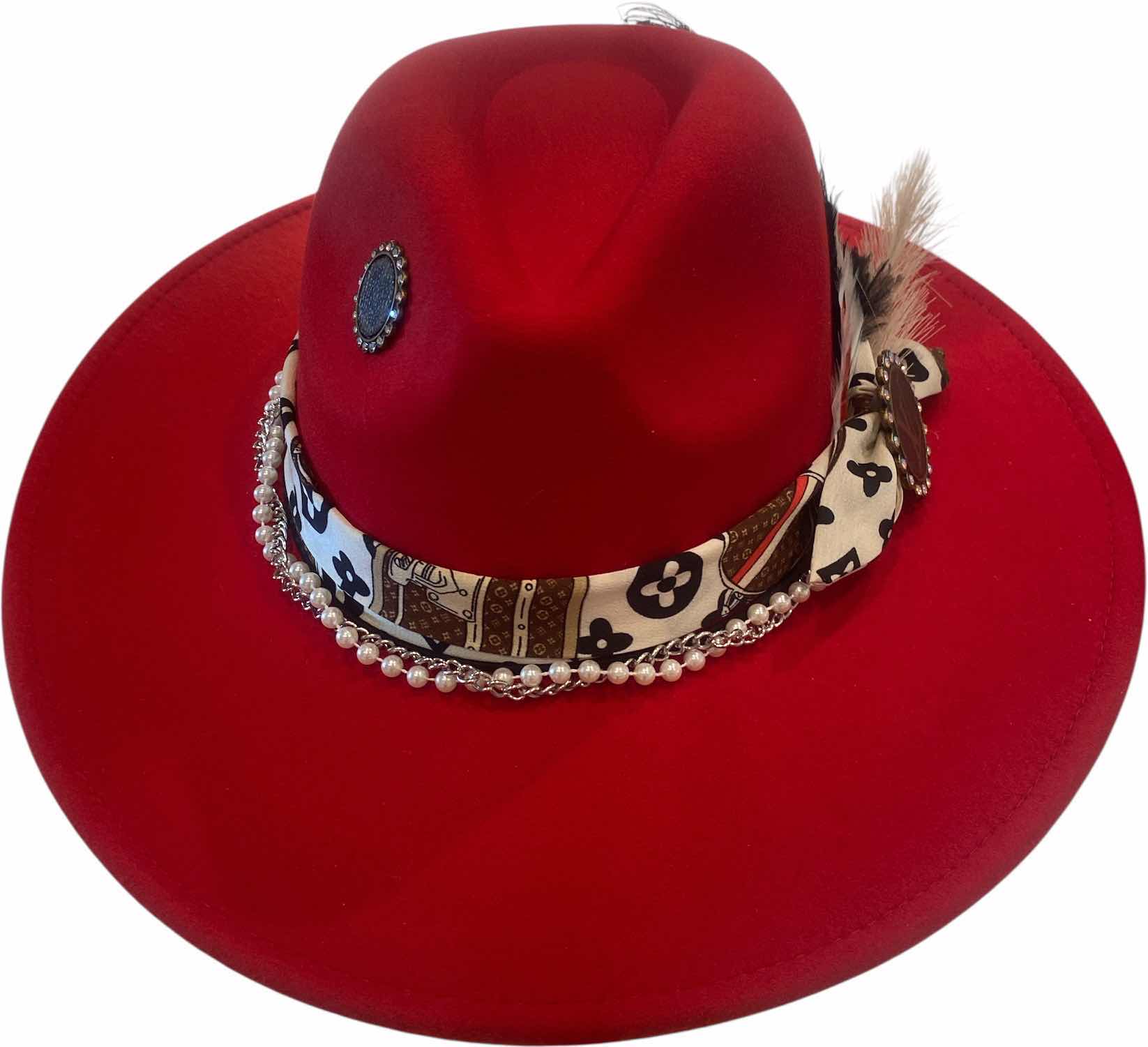 Photo 1 of NEW - CUSTOM DECORATED SCARLET RED FEDORA HAT WITH UPCYCLED LOUIS VUITTON MONOGRAM EMBELLISHMENTS FEATHERS & REPLICA LV SCARF - ADJUSTABLE WITH INTERIOR RIBBON - TIE TO FIT
