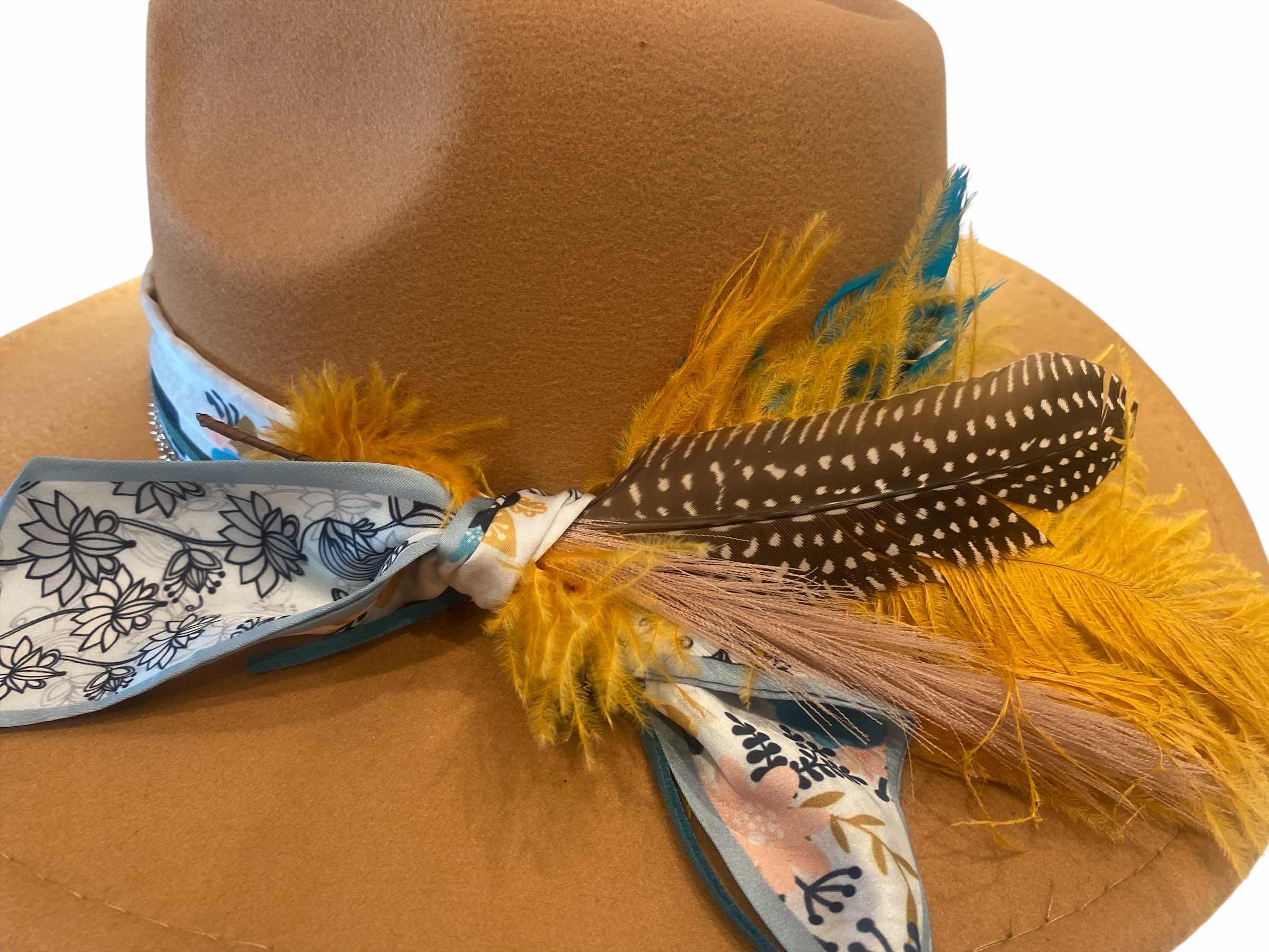 Photo 1 of NEW - CUSTOM DECORATED KHAKI TAN FEDORA HAT WITH FEATHERS & EMBELLISHMENT - ADJUSTABLE WITH INTERIOR RIBBON - TIE TO FIT