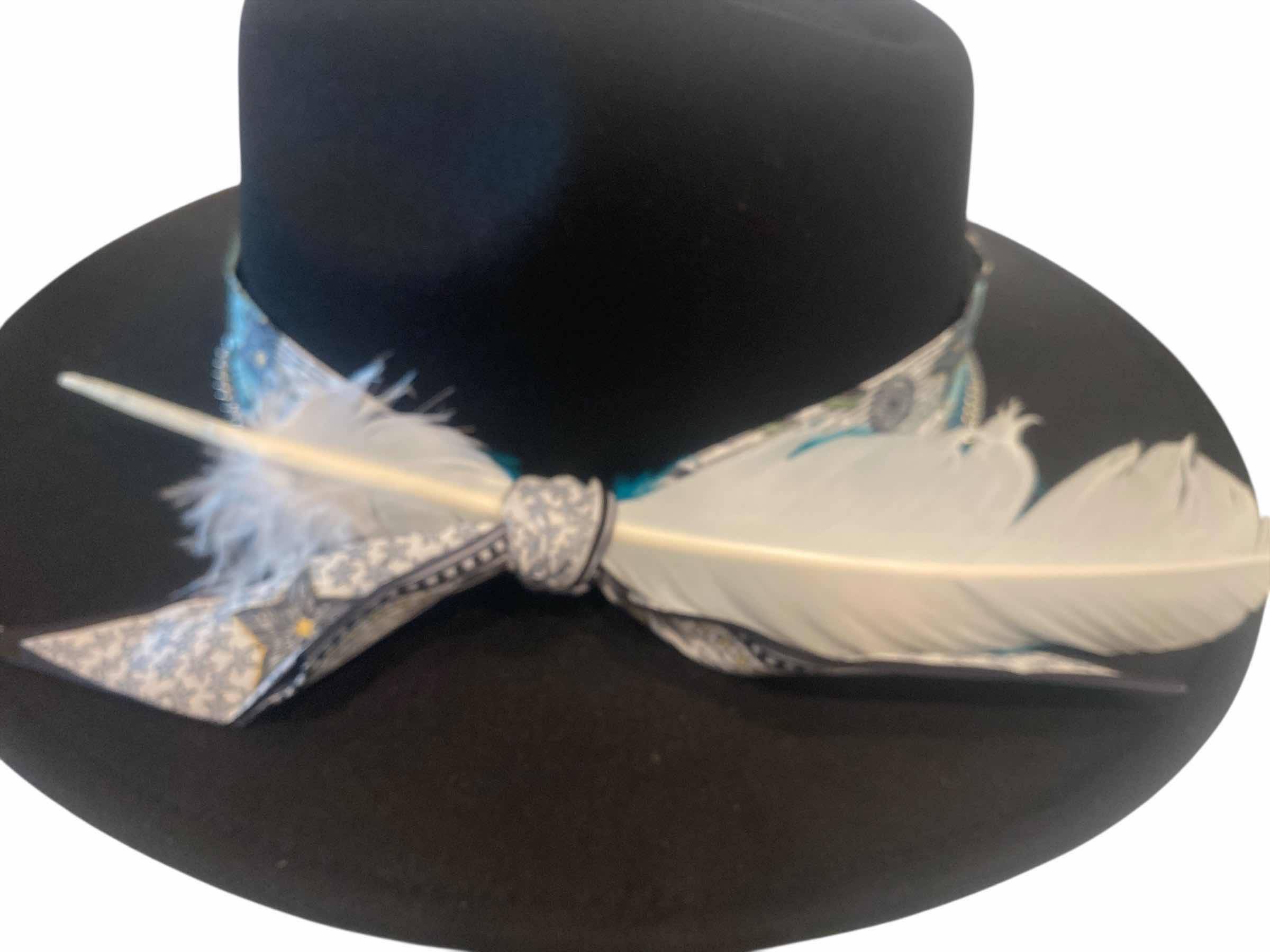 Photo 1 of NEW - CUSTOM DECORATED BLACK FEDORA HAT WITH FEATHERS - ADJUSTABLE WITH INTERIOR RIBBON - TIE TO FIT