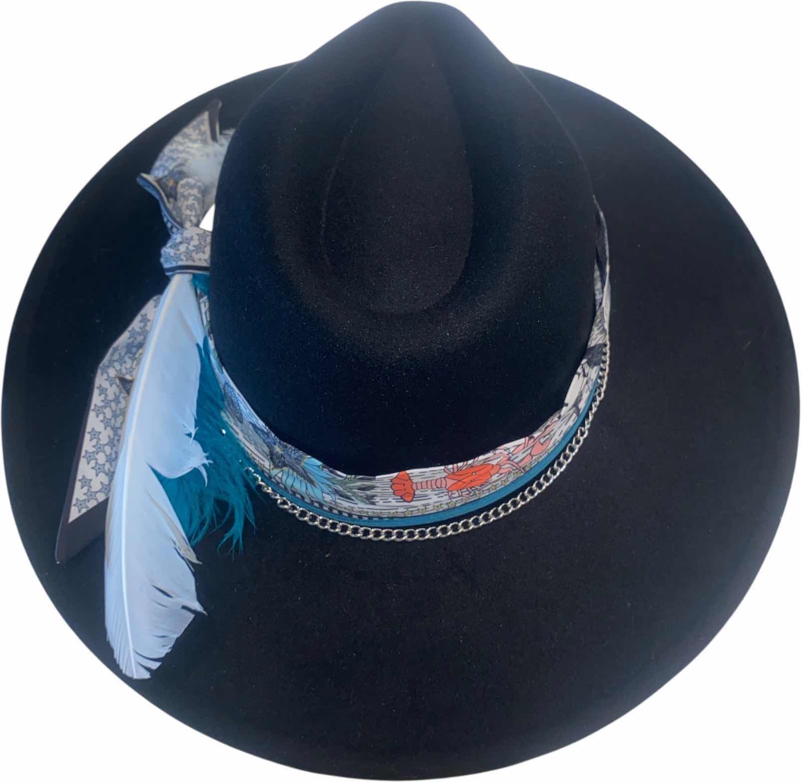 Photo 1 of NEW - CUSTOM DECORATED BLACK FEDORA HAT WITH FEATHERS - ADJUSTABLE WITH INTERIOR RIBBON - TIE TO FIT
