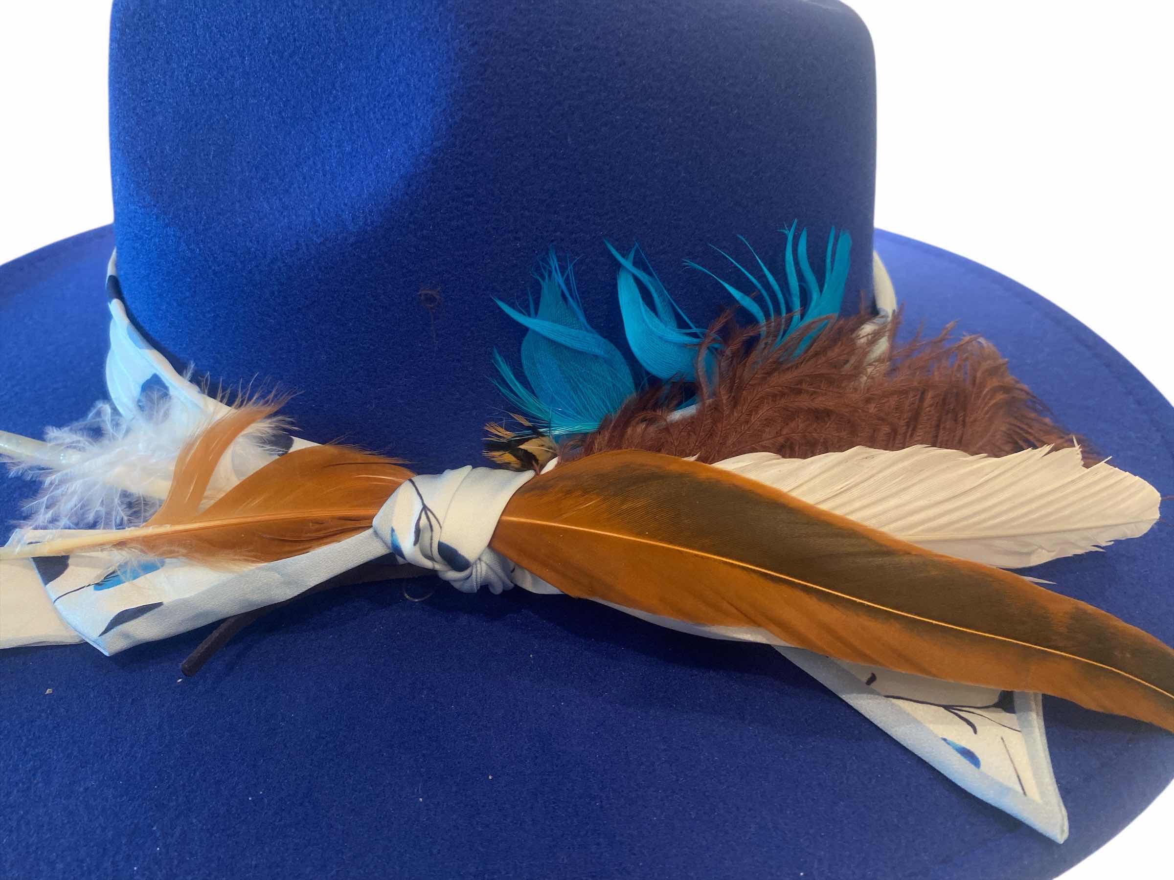 Photo 1 of NEW - CUSTOM DECORATED SAPPHIRE BLUE FEDORA HAT WITH FEATHERS - ADJUSTABLE WITH INTERIOR RIBBON - TIE TO FIT