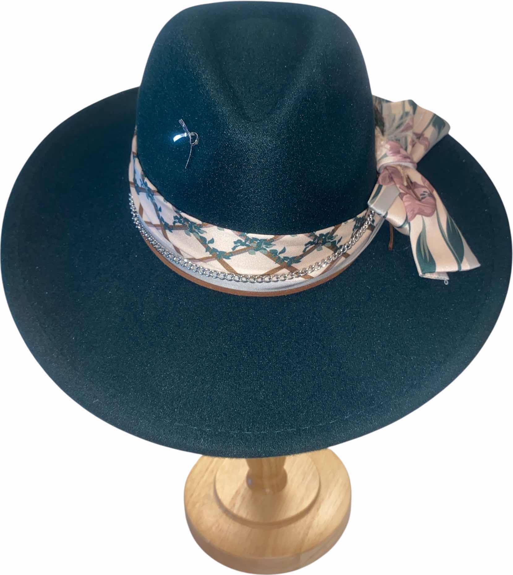 Photo 1 of NEW - CUSTOM DECORATED FOREST GREEN FEDORA HAT WITH FEATHERS - ADJUSTABLE WITH INTERIOR RIBBON - TIE TO FIT