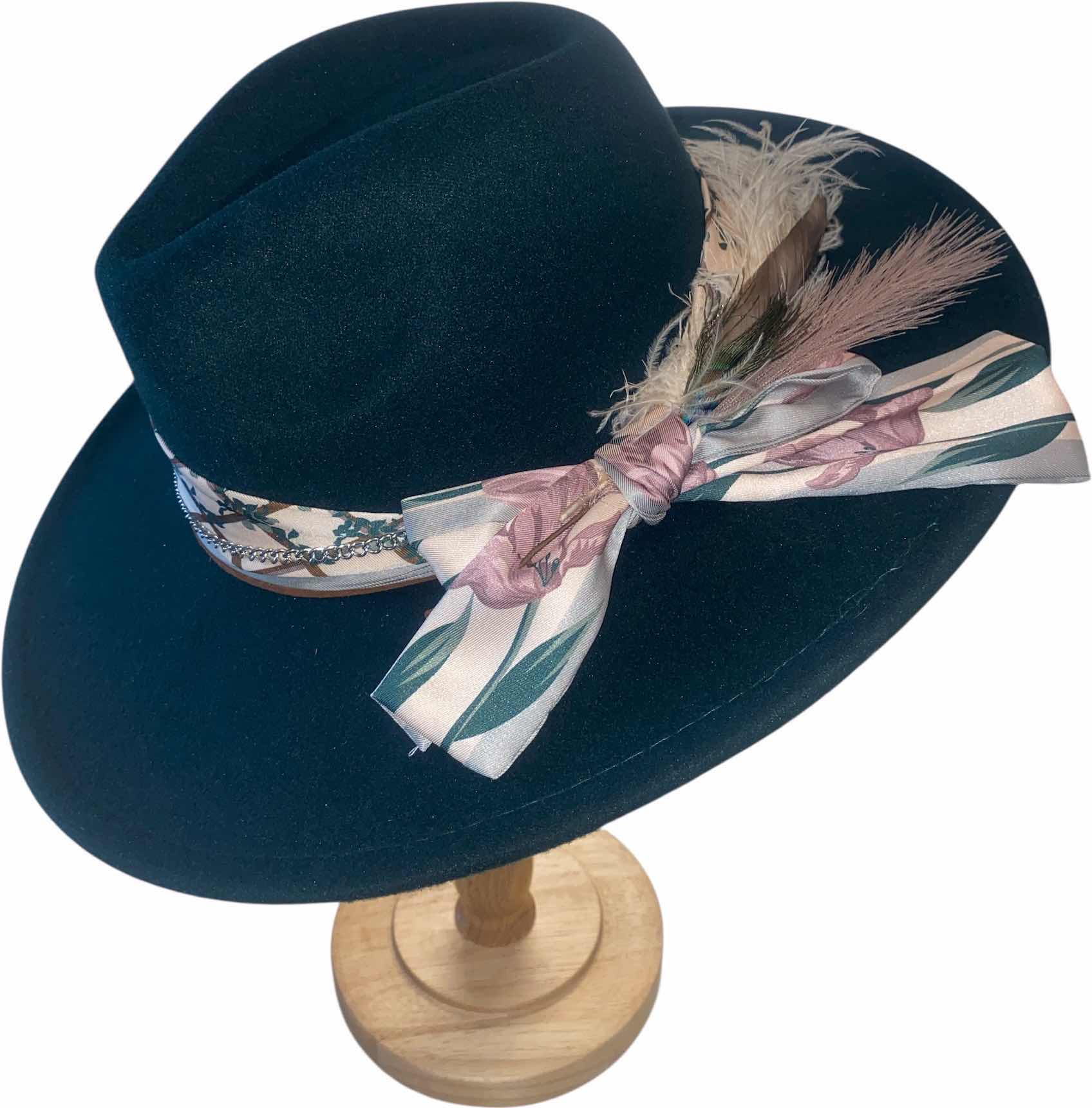 Photo 1 of NEW - CUSTOM DECORATED FOREST GREEN FEDORA HAT WITH FEATHERS - ADJUSTABLE WITH INTERIOR RIBBON - TIE TO FIT