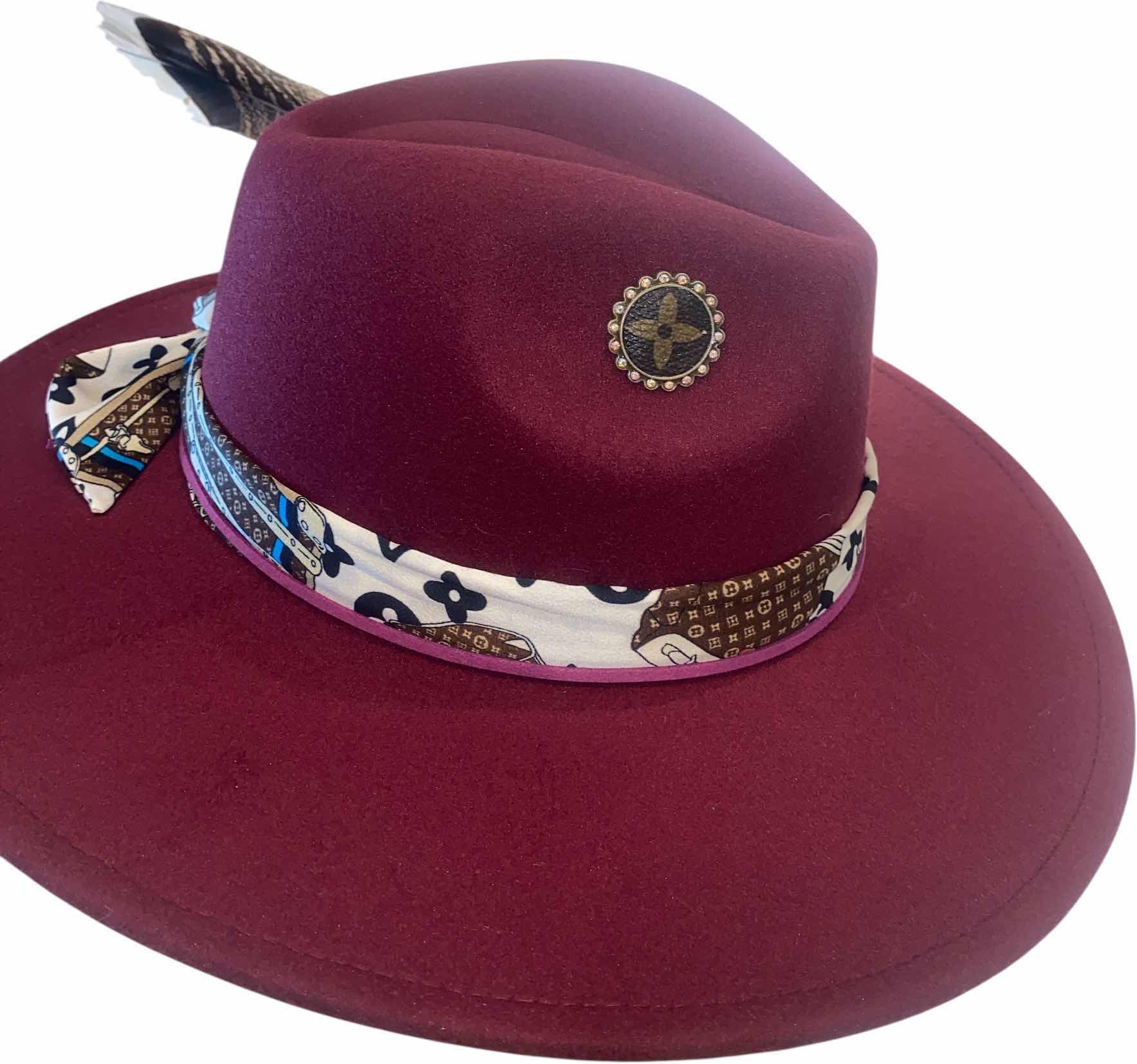 Photo 1 of NEW - CUSTOM DECORATED CABERNET FEDORA HAT WITH UPCYCLED LOUIS VUITTON MONOGRAM EMBELLISHMENTS FEATHERS & REPLICA LV SCARF - ADJUSTABLE WITH INTERIOR RIBBON - TIE TO FIT