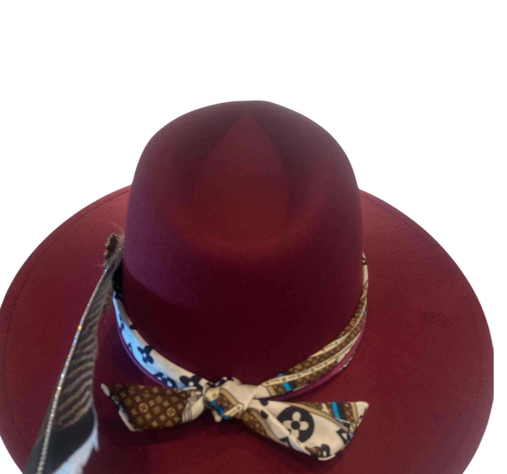 Photo 1 of NEW - CUSTOM DECORATED CABERNET FEDORA HAT WITH UPCYCLED LOUIS VUITTON MONOGRAM EMBELLISHMENTS FEATHERS & REPLICA LV SCARF - ADJUSTABLE WITH INTERIOR RIBBON - TIE TO FIT