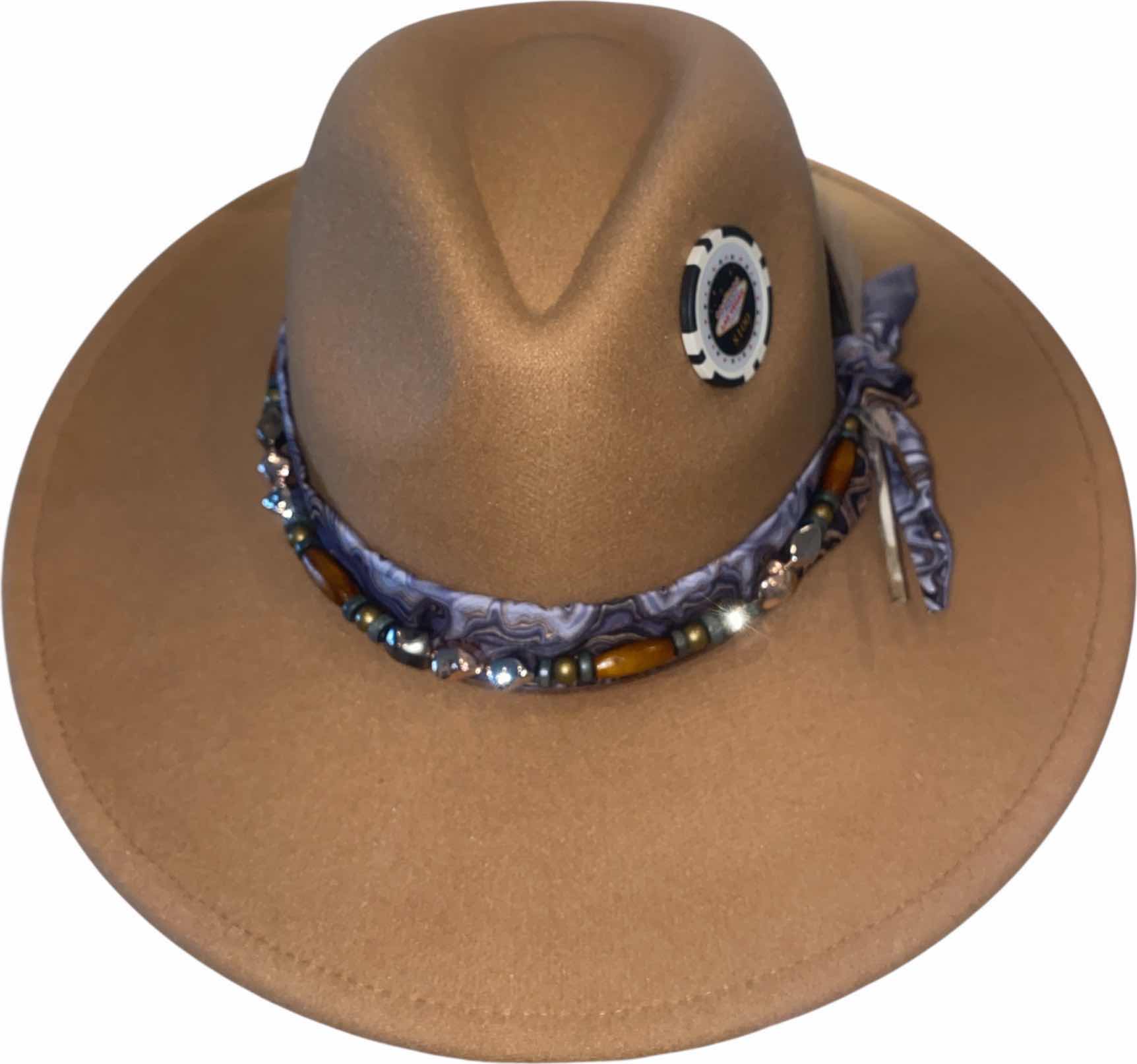 Photo 1 of NEW - CUSTOM DECORATED LIGHT TAN CASINO THEME FEDORA HAT WITH REMOVABLE FEATHER - ADJUSTABLE WITH INTERIOR RIBBON - TIE TO FIT