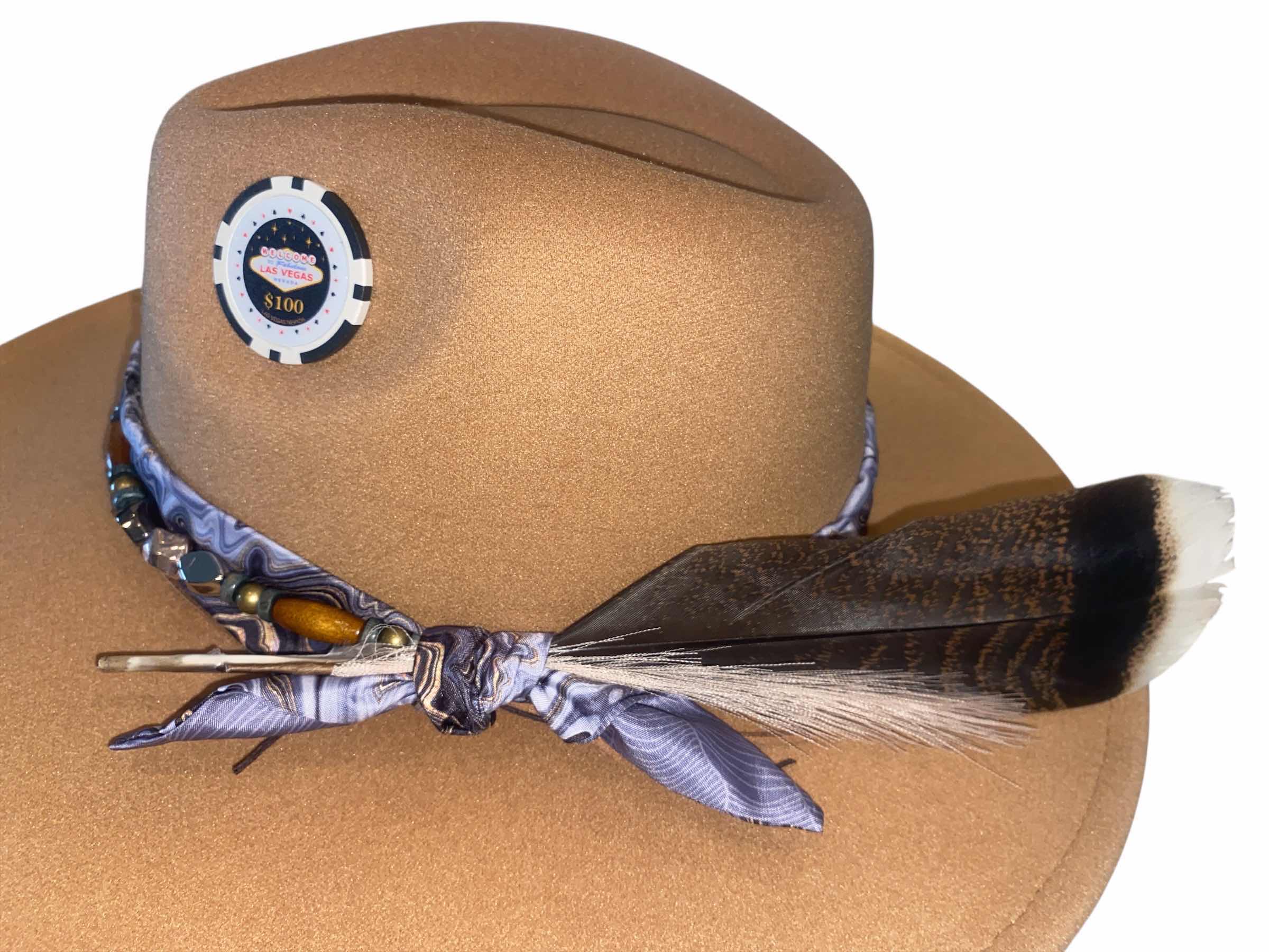 Photo 1 of NEW - CUSTOM DECORATED LIGHT TAN CASINO THEME FEDORA HAT WITH REMOVABLE FEATHER - ADJUSTABLE WITH INTERIOR RIBBON - TIE TO FIT