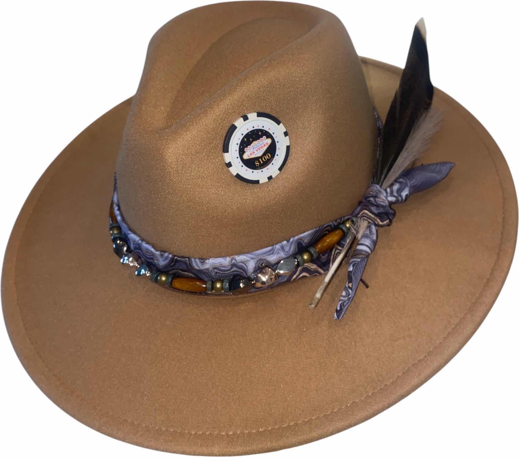Photo 1 of NEW - CUSTOM DECORATED LIGHT TAN CASINO THEME FEDORA HAT WITH REMOVABLE FEATHER - ADJUSTABLE WITH INTERIOR RIBBON - TIE TO FIT