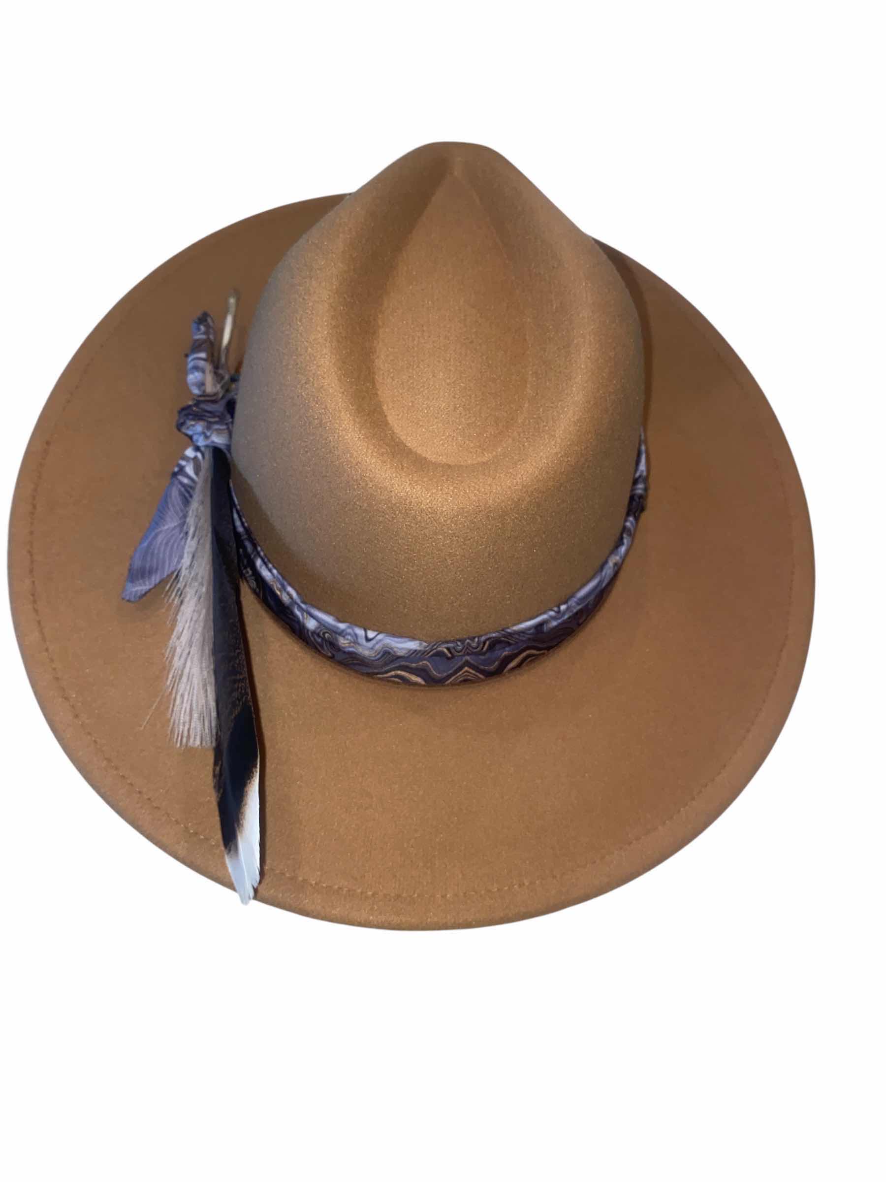 Photo 1 of NEW - CUSTOM DECORATED LIGHT TAN CASINO THEME FEDORA HAT WITH REMOVABLE FEATHER - ADJUSTABLE WITH INTERIOR RIBBON - TIE TO FIT