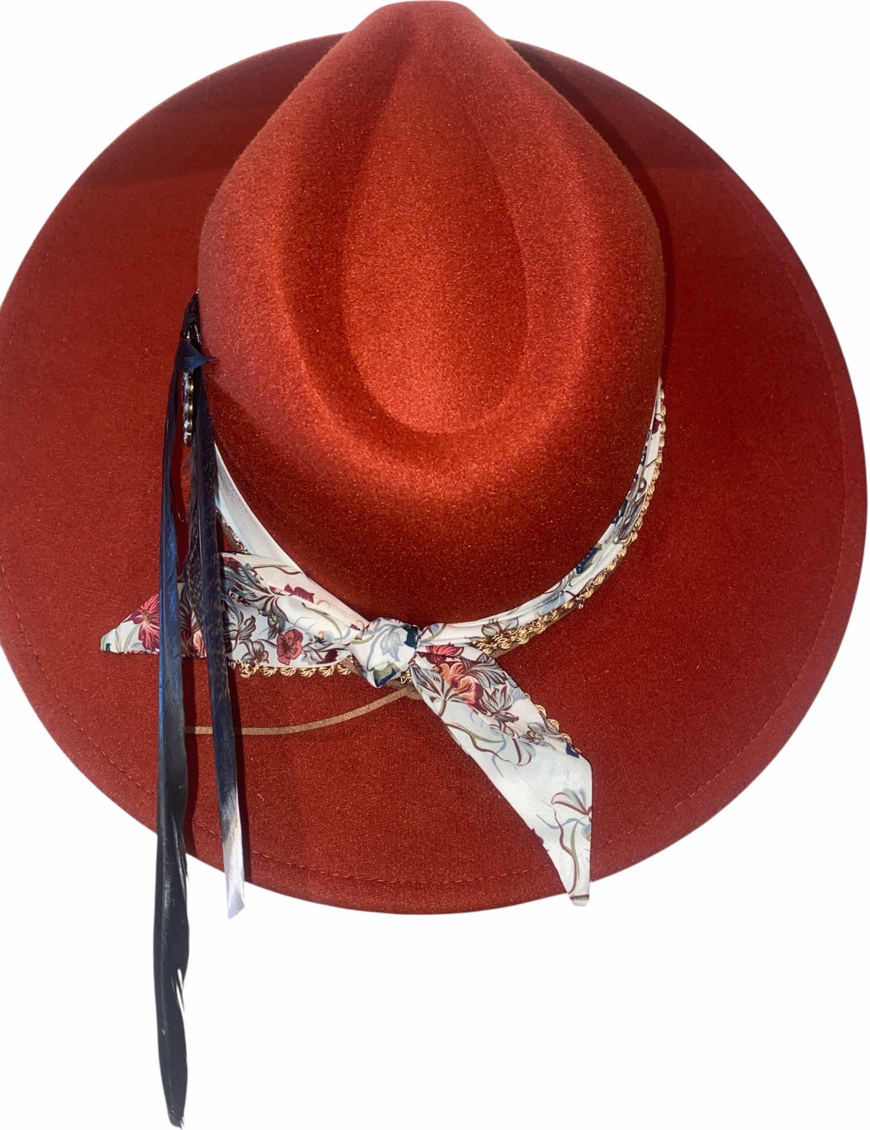 Photo 1 of NEW - CUSTOM DECORATED CARAMEL FEDORA HAT WITH UPCYCLED LOUIS VUITTON MONOGRAM EMBELLISHMENTS FEATHERS  - ADJUSTABLE WITH INTERIOR RIBBON - TIE TO FIT