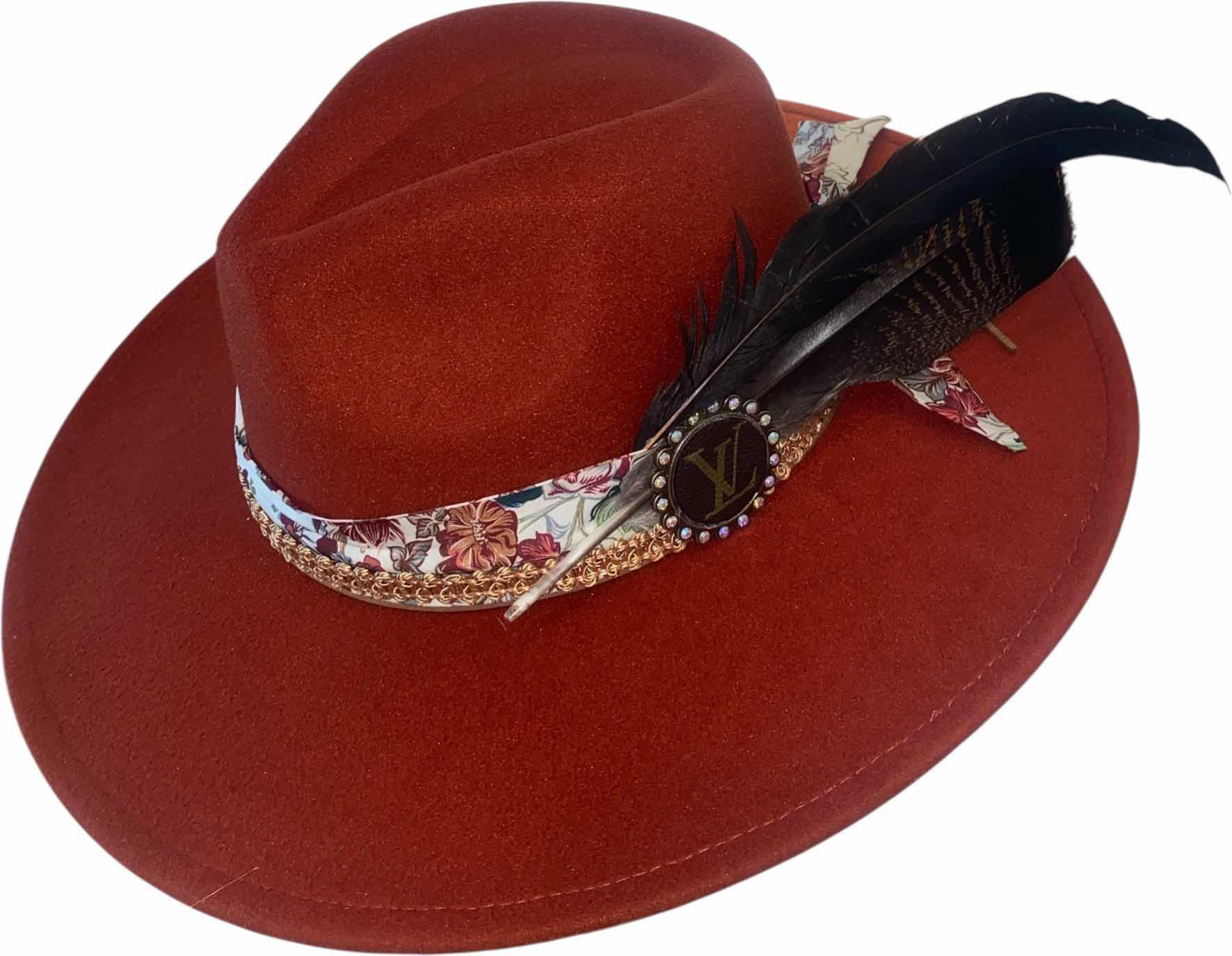 Photo 1 of NEW - CUSTOM DECORATED CARAMEL FEDORA HAT WITH UPCYCLED LOUIS VUITTON MONOGRAM EMBELLISHMENTS FEATHERS  - ADJUSTABLE WITH INTERIOR RIBBON - TIE TO FIT
