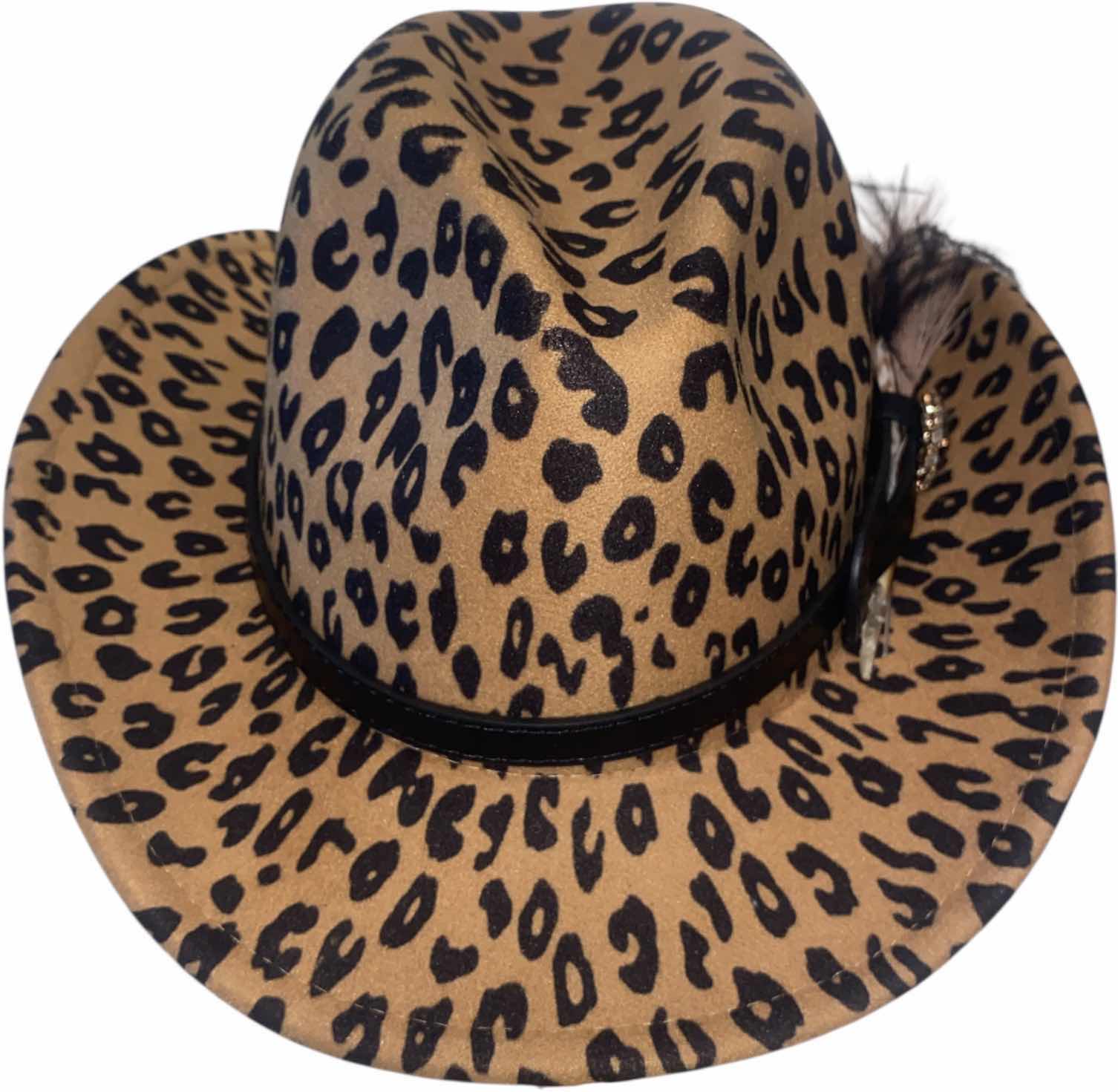 Photo 1 of NEW - LEOPARD PRINT SMALL BRIM FEDORA WITH FEATHERS - ADJUSTABLE WITH INTERIOR RIBBON TO TIE