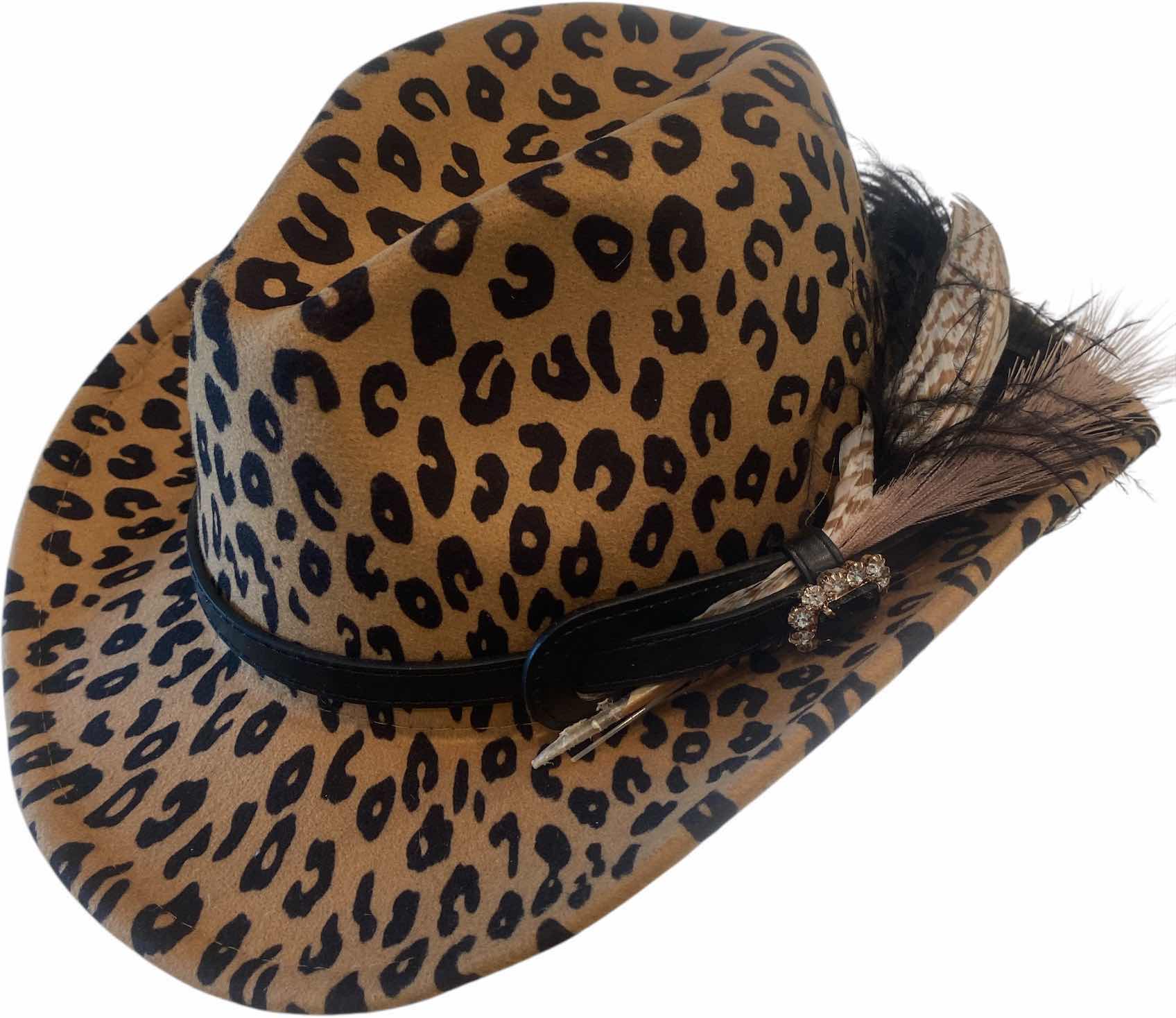 Photo 1 of NEW - LEOPARD PRINT SMALL BRIM FEDORA WITH FEATHERS - ADJUSTABLE WITH INTERIOR RIBBON TO TIE