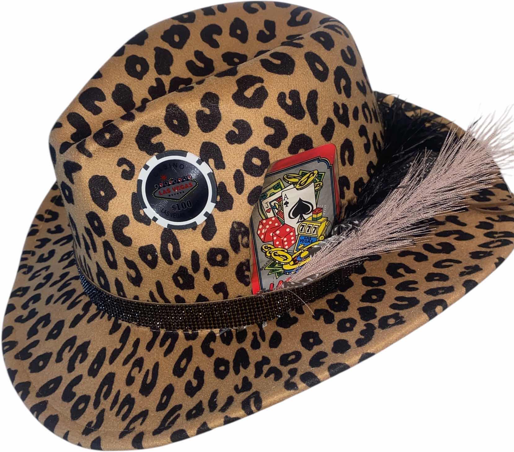 Photo 1 of NEW - LEOPARD PRINT SMALL BRIM CASINO FEDORA WITH REMOVEABLE FEATHERS & CARD - ADJUSTABLE WITH INTERIOR RIBBON TO TIE