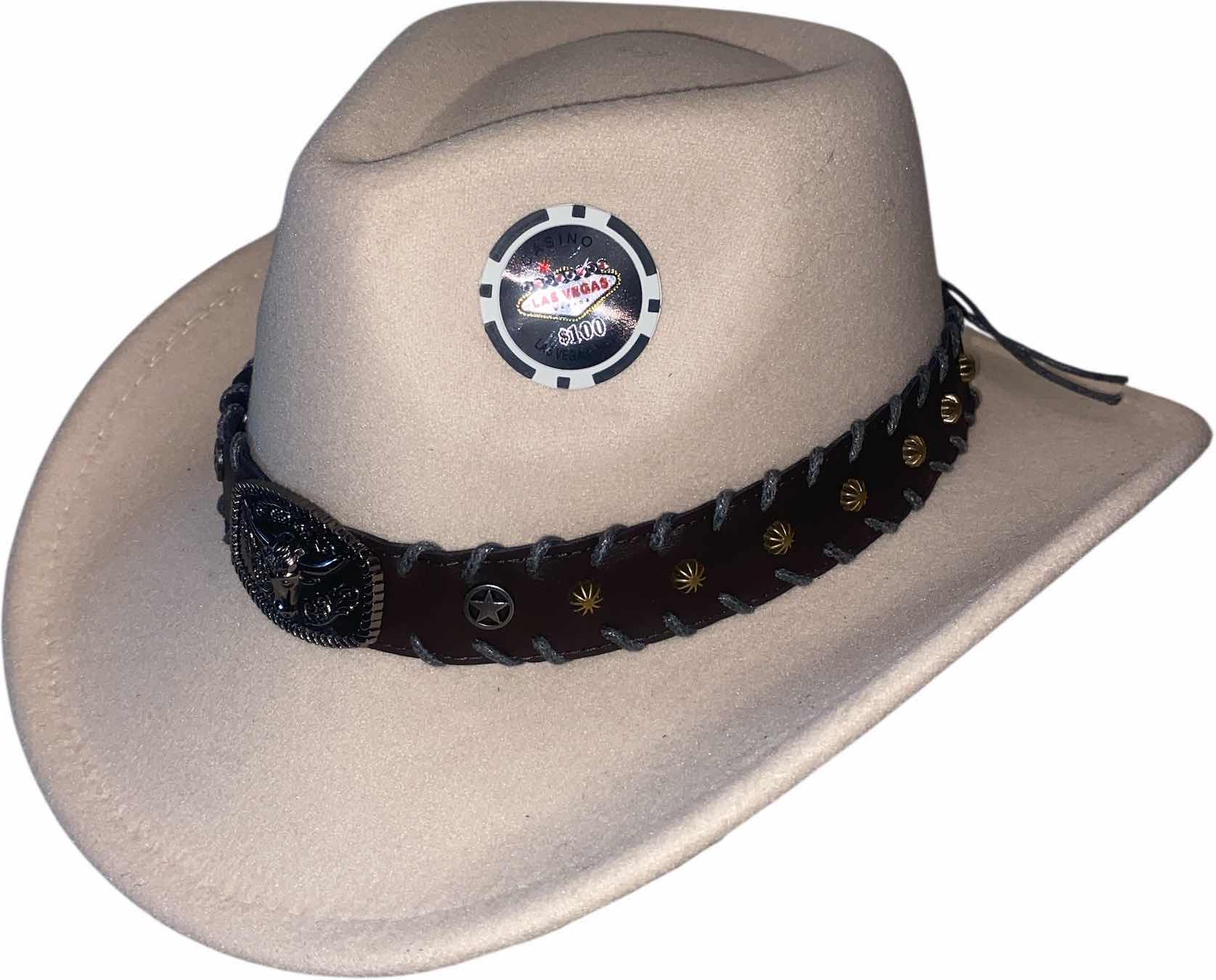 Photo 1 of NEW - CUSTOM DECORATED CREAM WESTERN CASINO COWBOY HAT WITH FEATHERS & EMBELLISHMENT - INTERIOR RIBBON TO ADJUST SIZE