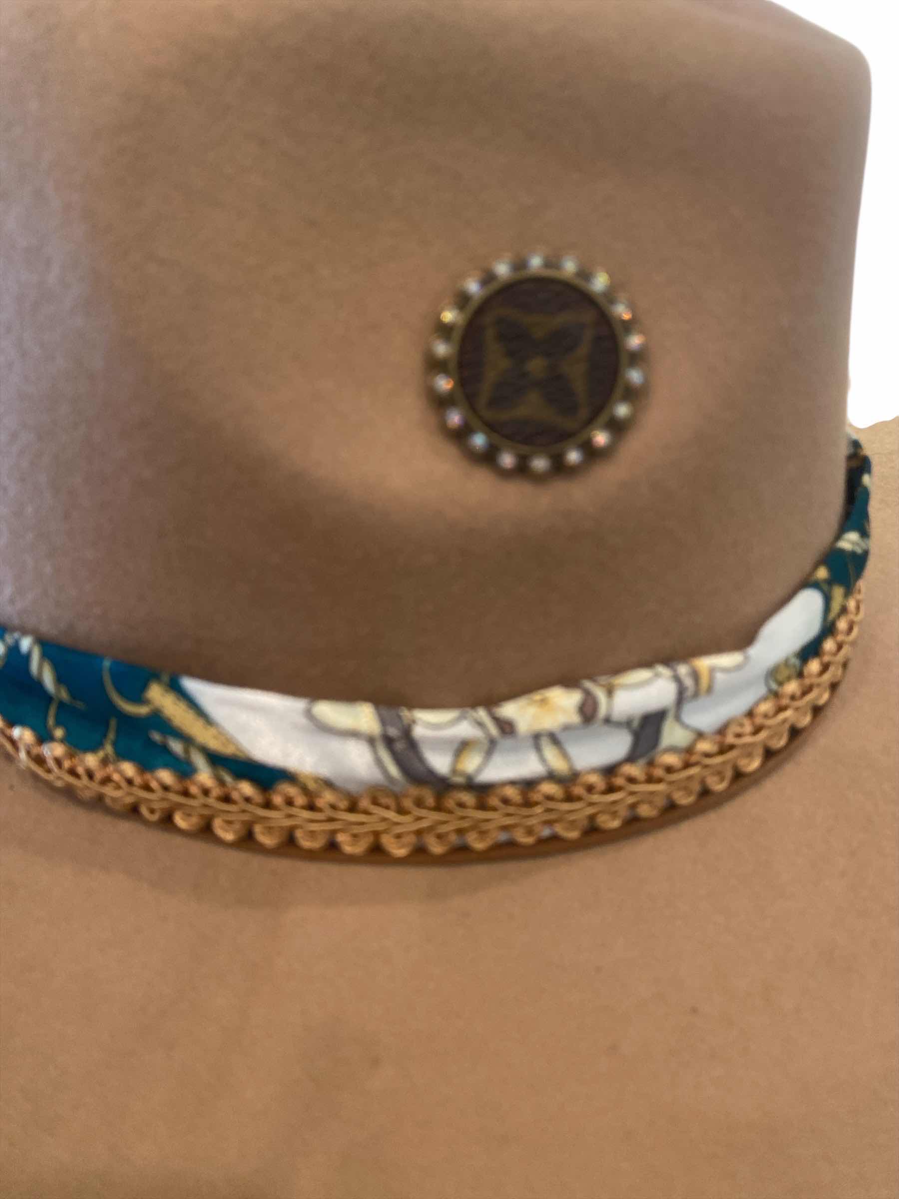 Photo 1 of NEW - CUSTOM DECORATED LIGHT TAN FEDORA HAT WITH UPCYCLED LOUIS VUITTON MONOGRAM EMBELLISHMENTS FEATHERS  - ADJUSTABLE WITH INTERIOR RIBBON - TIE TO FIT
