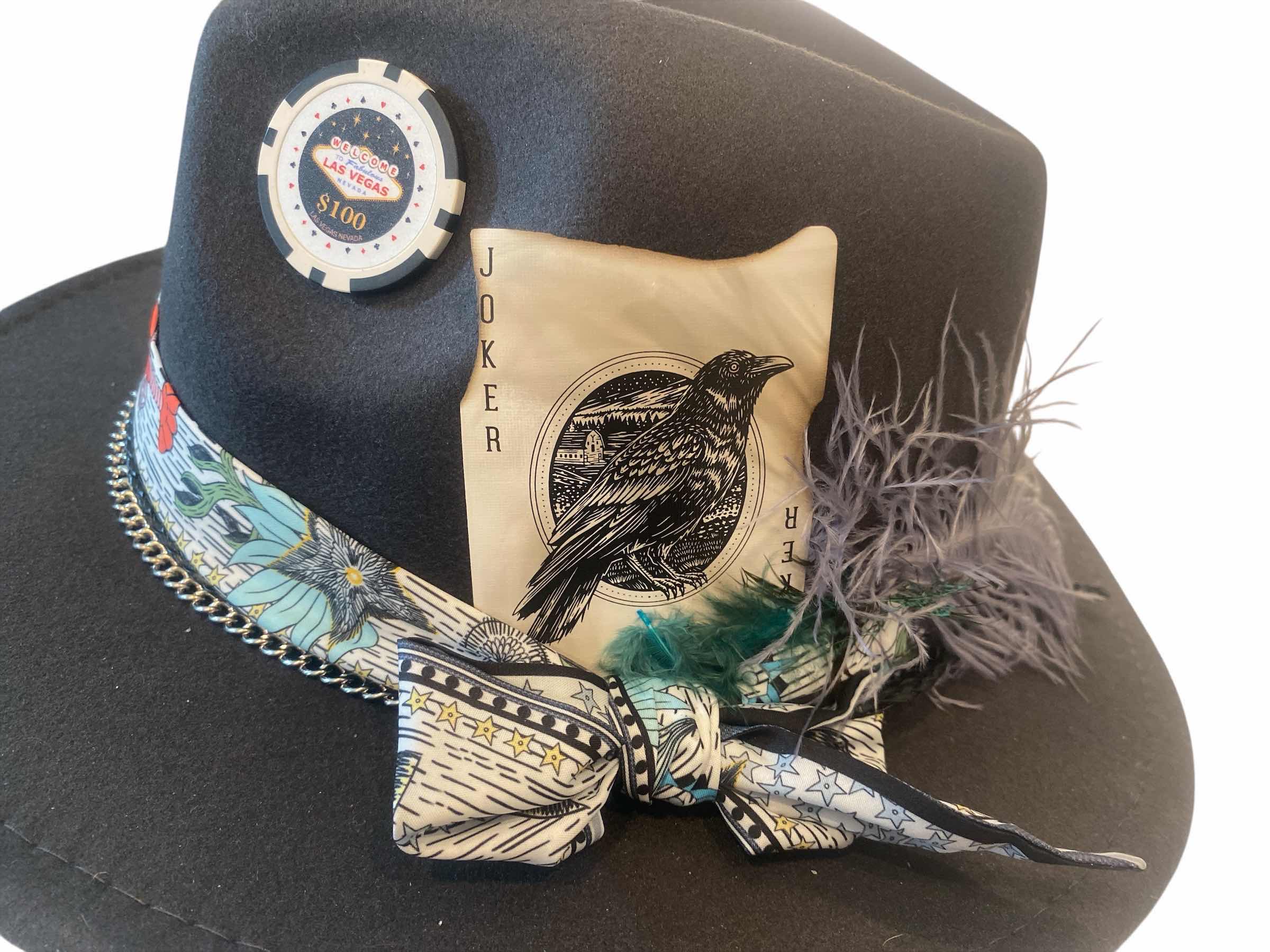 Photo 1 of NEW - CUSTOM DECORATED CHARCOAL BLACK CASINO THEME SMALL BRIM FEDORA HAT WITH REMOVABLE FEATHER - ADJUSTABLE WITH INTERIOR RIBBON - TIE TO FIT