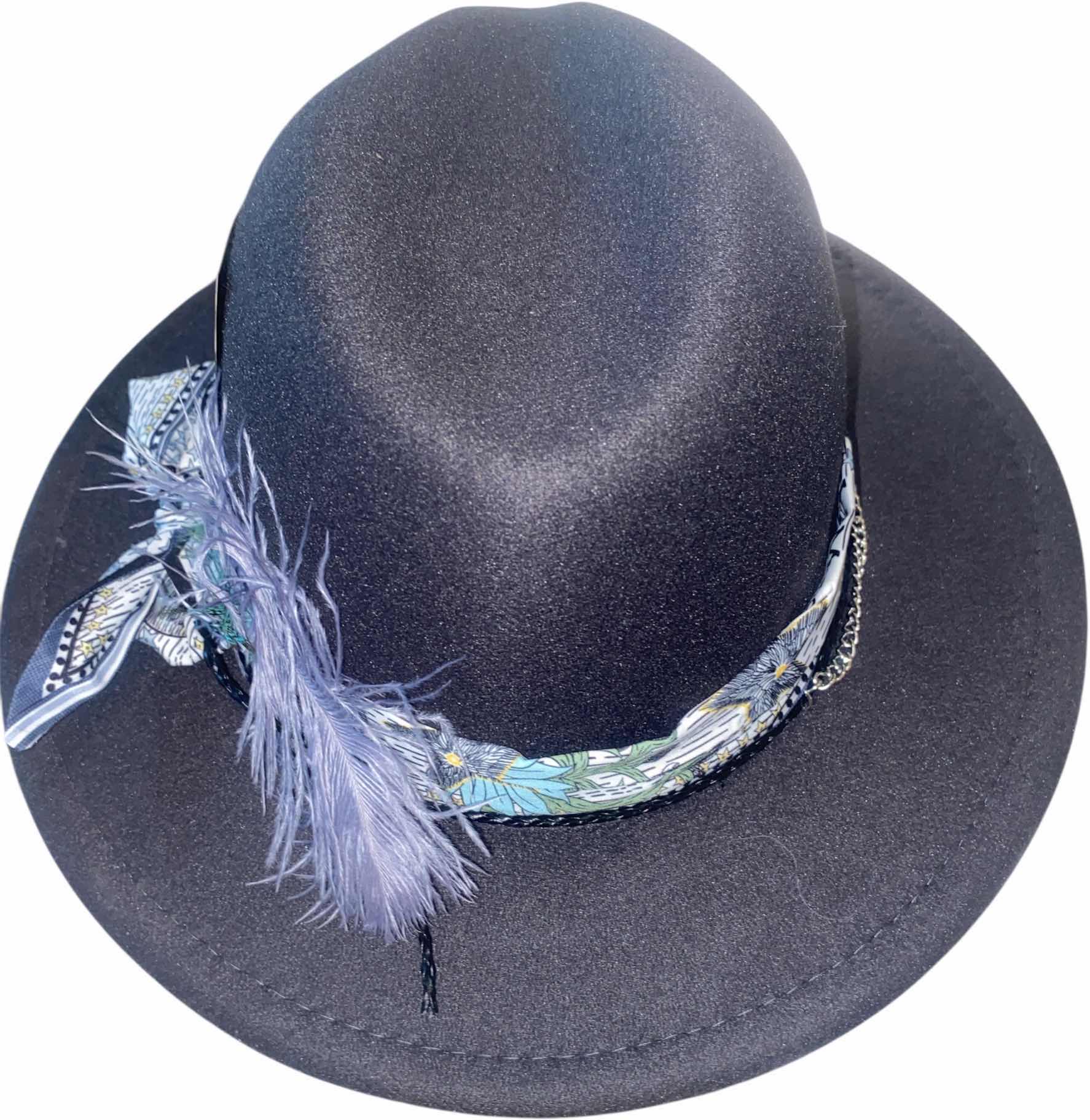Photo 1 of NEW - CUSTOM DECORATED CHARCOAL BLACK CASINO THEME SMALL BRIM FEDORA HAT WITH REMOVABLE FEATHER - ADJUSTABLE WITH INTERIOR RIBBON - TIE TO FIT