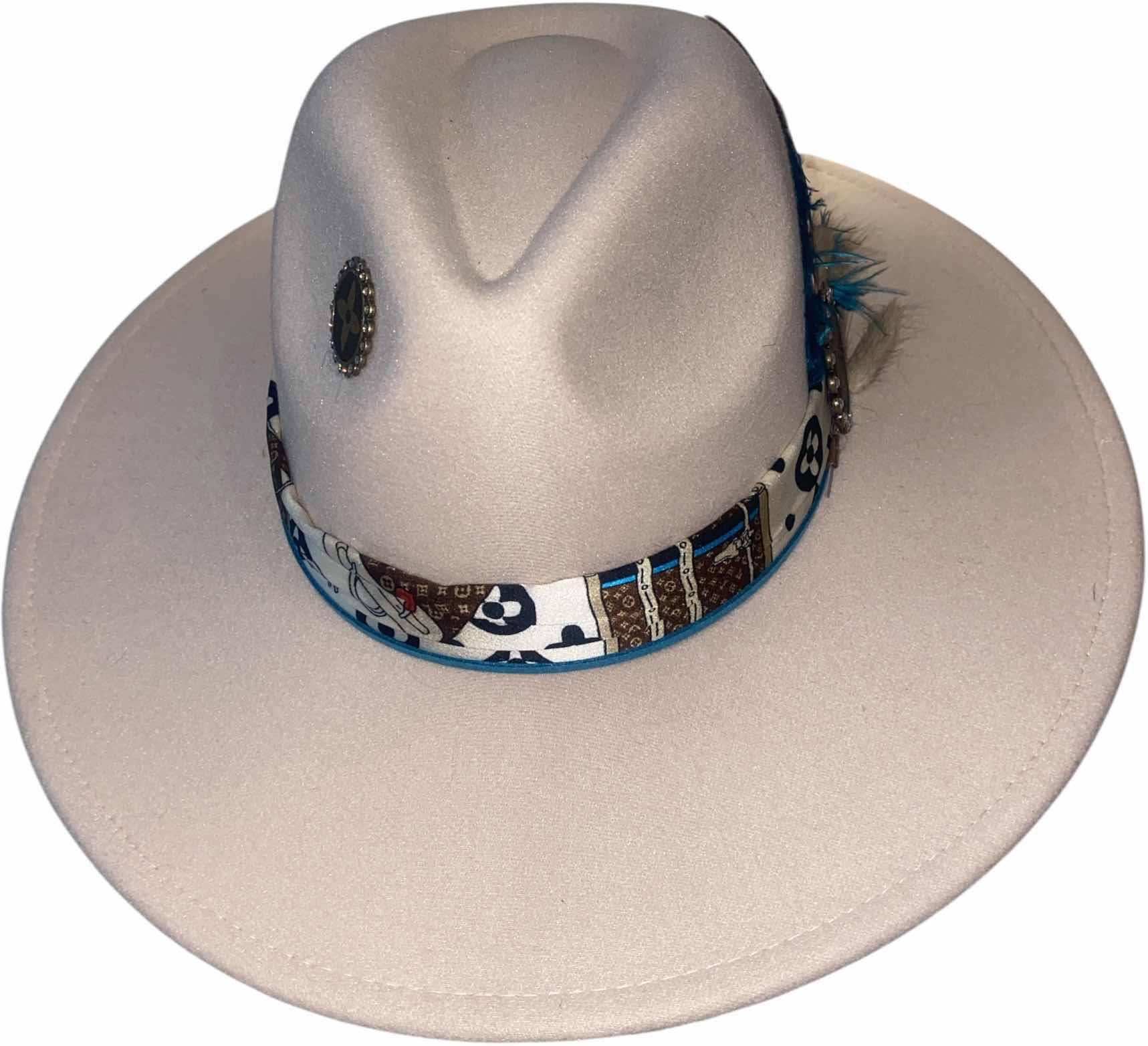 Photo 1 of NEW - CUSTOM DECORATED CREAM WESTERN HAT WITH UPCYCLED LOUIS VUITTON MONOGRAM EMBELLISHMENTS FEATHERS  - ADJUSTABLE WITH INTERIOR RIBBON - TIE TO FIT