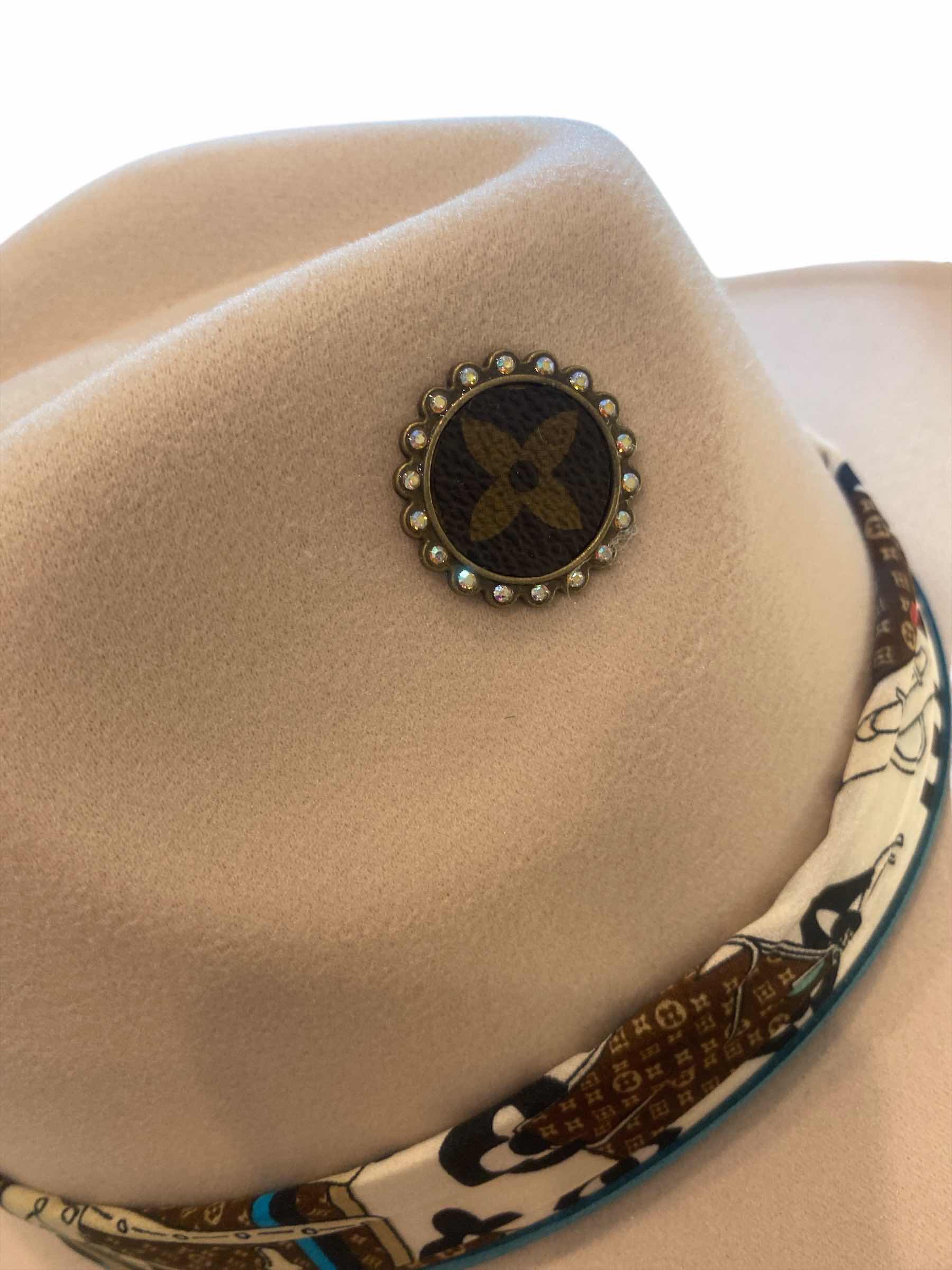Photo 1 of NEW - CUSTOM DECORATED CREAM WESTERN HAT WITH UPCYCLED LOUIS VUITTON MONOGRAM EMBELLISHMENTS FEATHERS  - ADJUSTABLE WITH INTERIOR RIBBON - TIE TO FIT