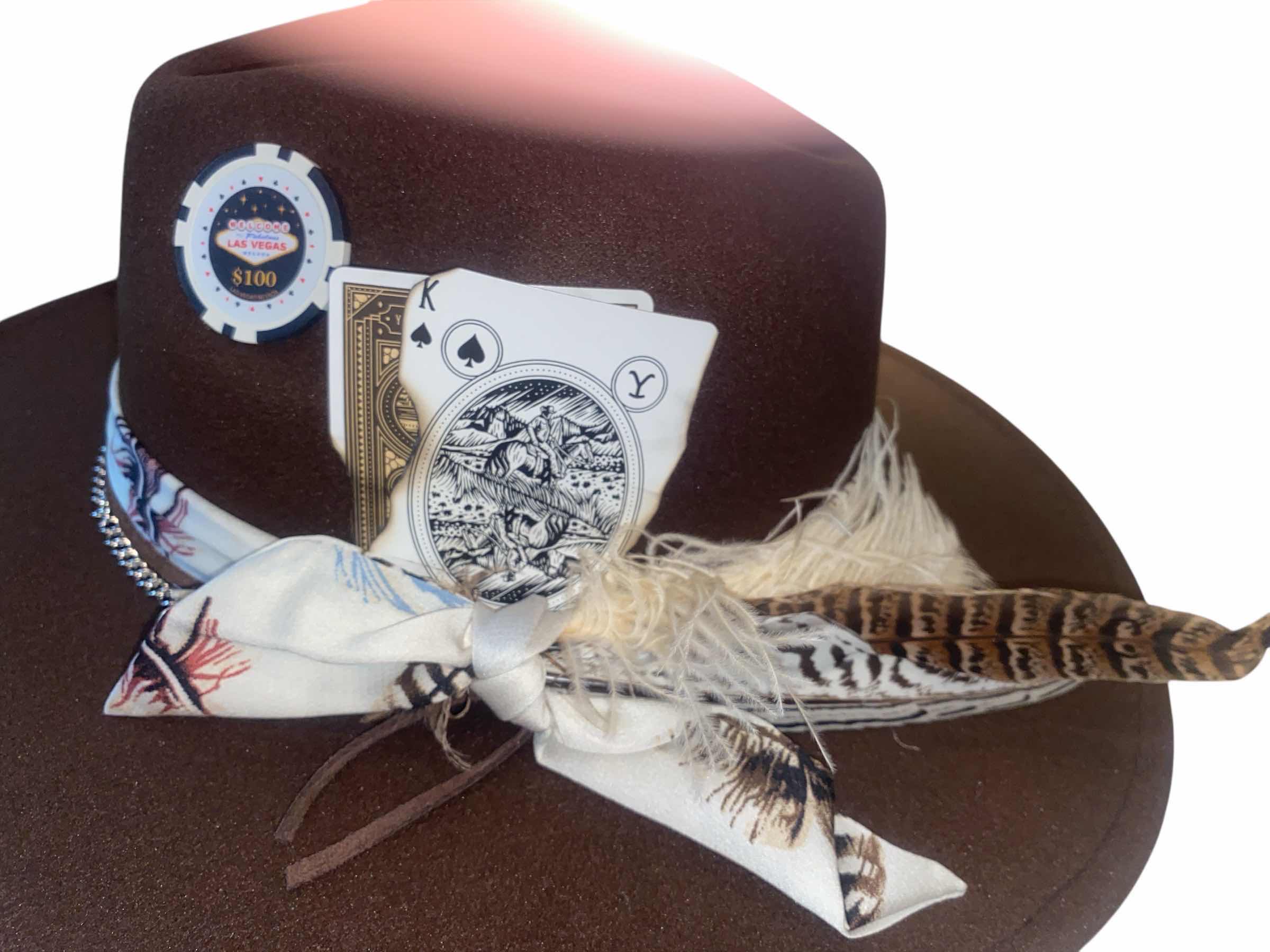Photo 1 of NEW - CUSTOM DECORATED CHOCOLATE BROWN CASINO THEME FEDORA HAT WITH REMOVABLE FEATHER - ADJUSTABLE WITH INTERIOR RIBBON - TIE TO FIT
