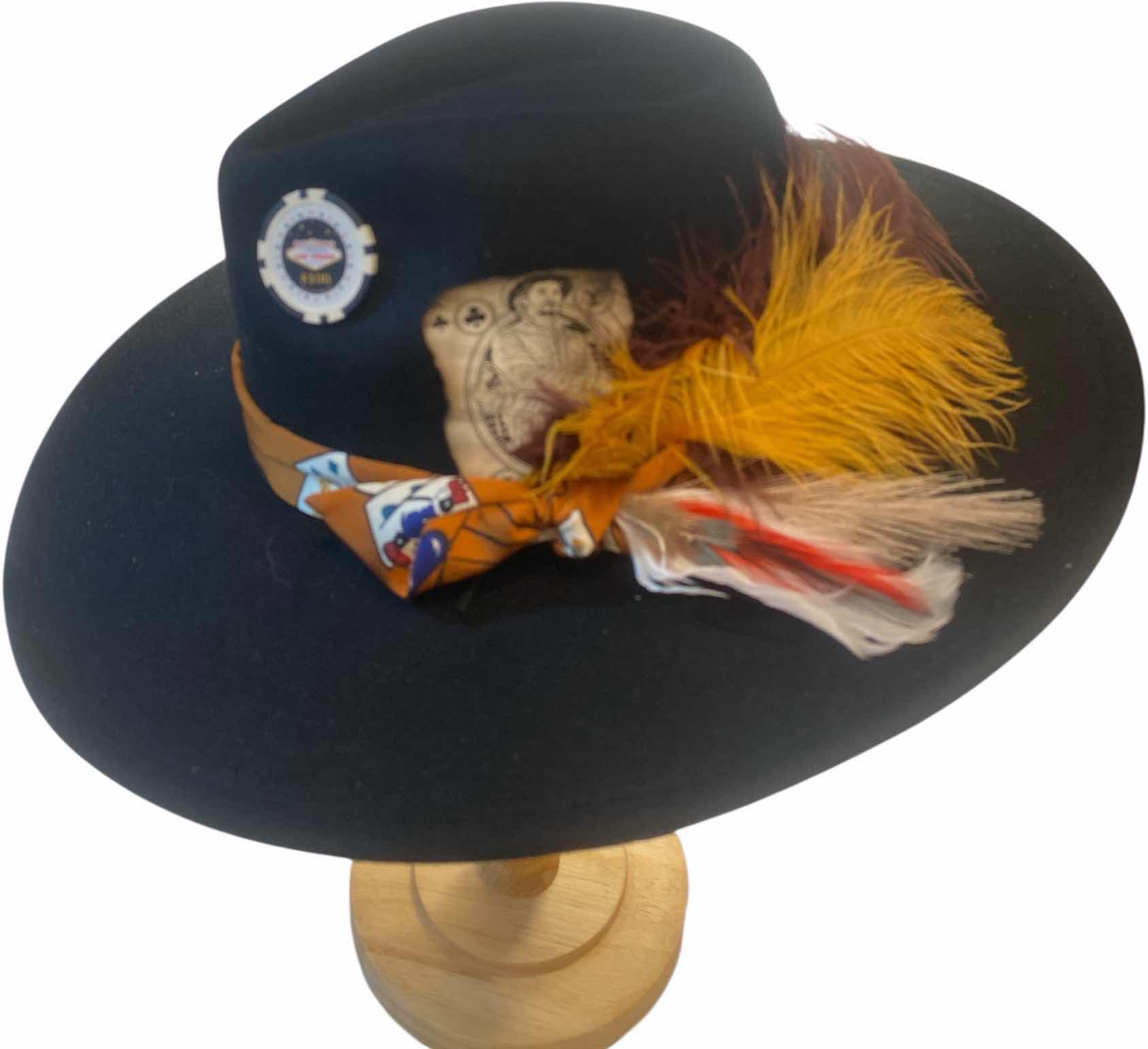 Photo 1 of NEW - CUSTOM DECORATED BLACK CASINO THEME FEDORA HAT WITH  REMOVABLE FEATHER - ADJUSTABLE WITH INTERIOR RIBBON - TIE TO FIT