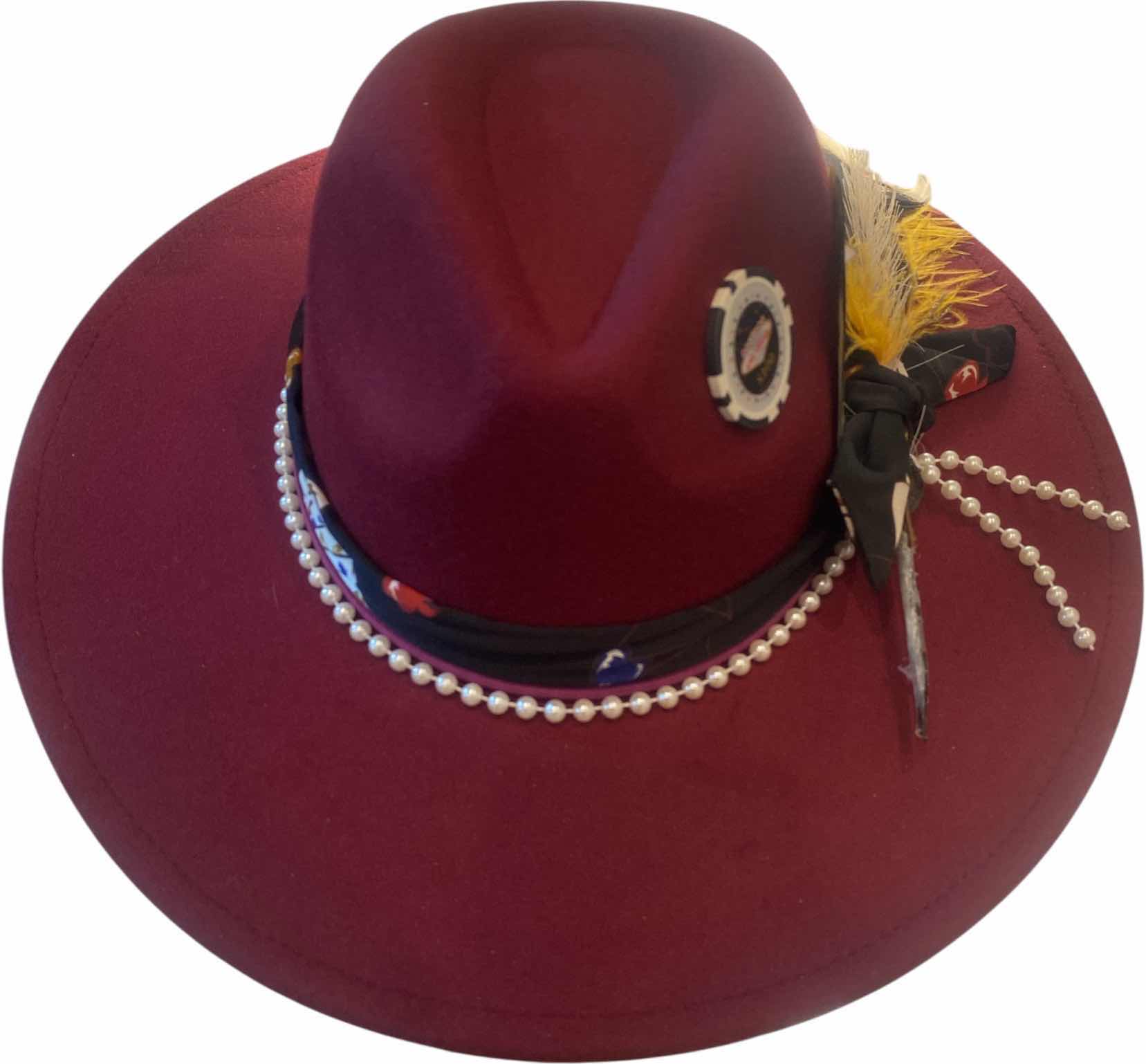 Photo 1 of NEW - CUSTOM DECORATED CABERNET CASINO THEME FEDORA HAT WITH  REMOVABLE FEATHER - ADJUSTABLE WITH INTERIOR RIBBON - TIE TO FIT