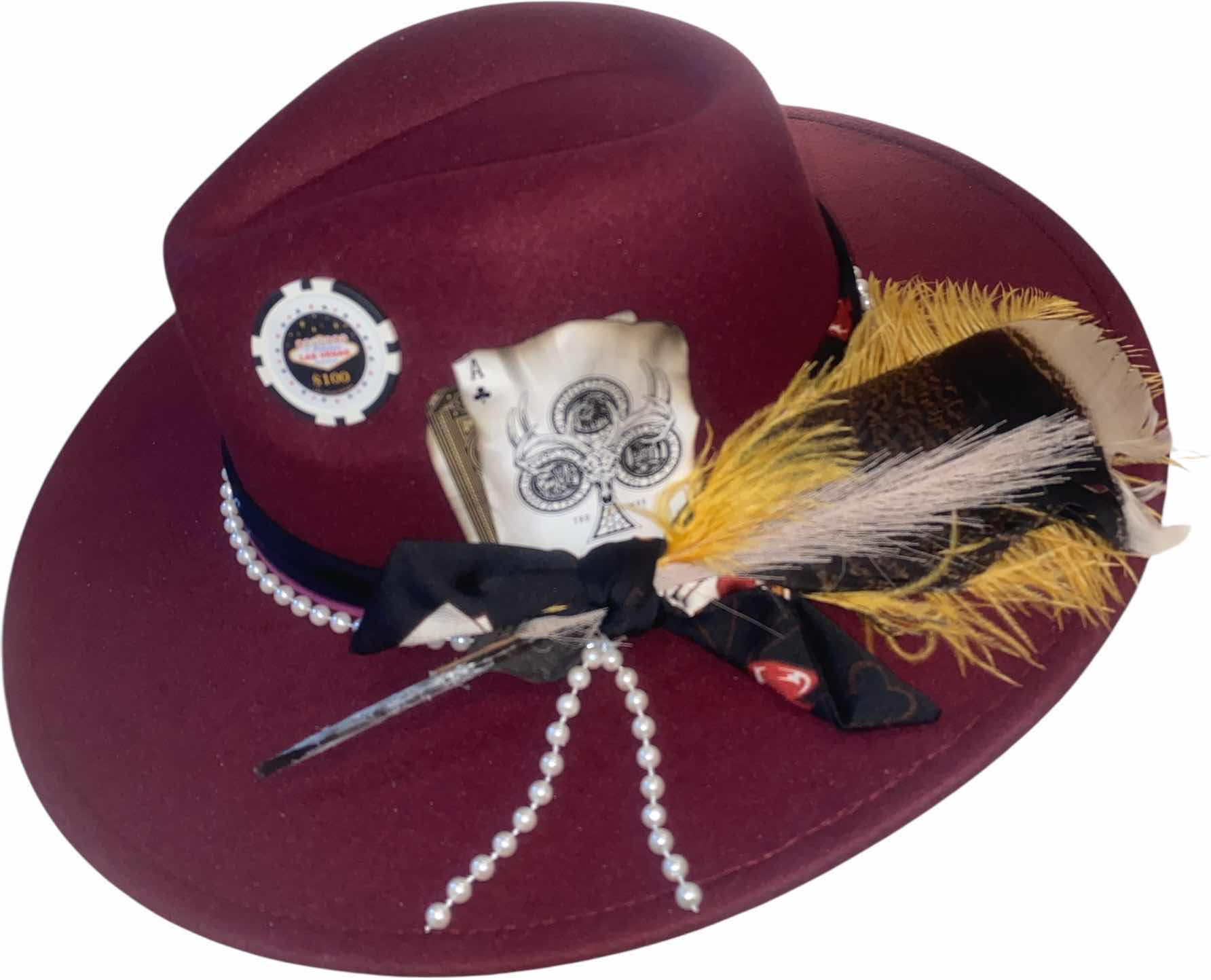 Photo 1 of NEW - CUSTOM DECORATED CABERNET CASINO THEME FEDORA HAT WITH REMOVABLE FEATHER - ADJUSTABLE WITH INTERIOR RIBBON - TIE TO FIT