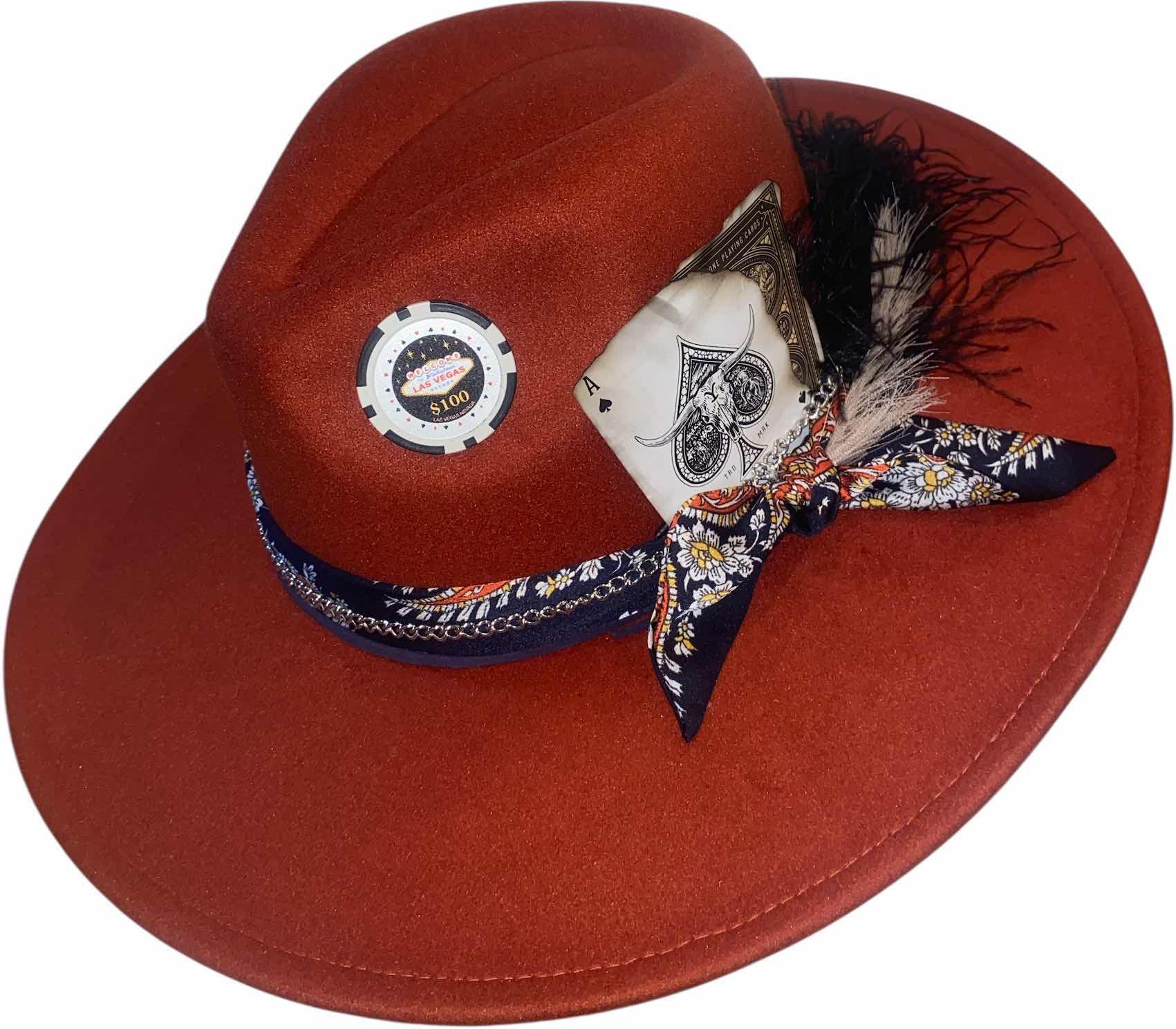 Photo 1 of NEW - CUSTOM DECORATED BURNT SIENNA CASINO THEME FEDORA HAT WITH  REMOVABLE FEATHER - ADJUSTABLE WITH INTERIOR RIBBON - TIE TO FIT