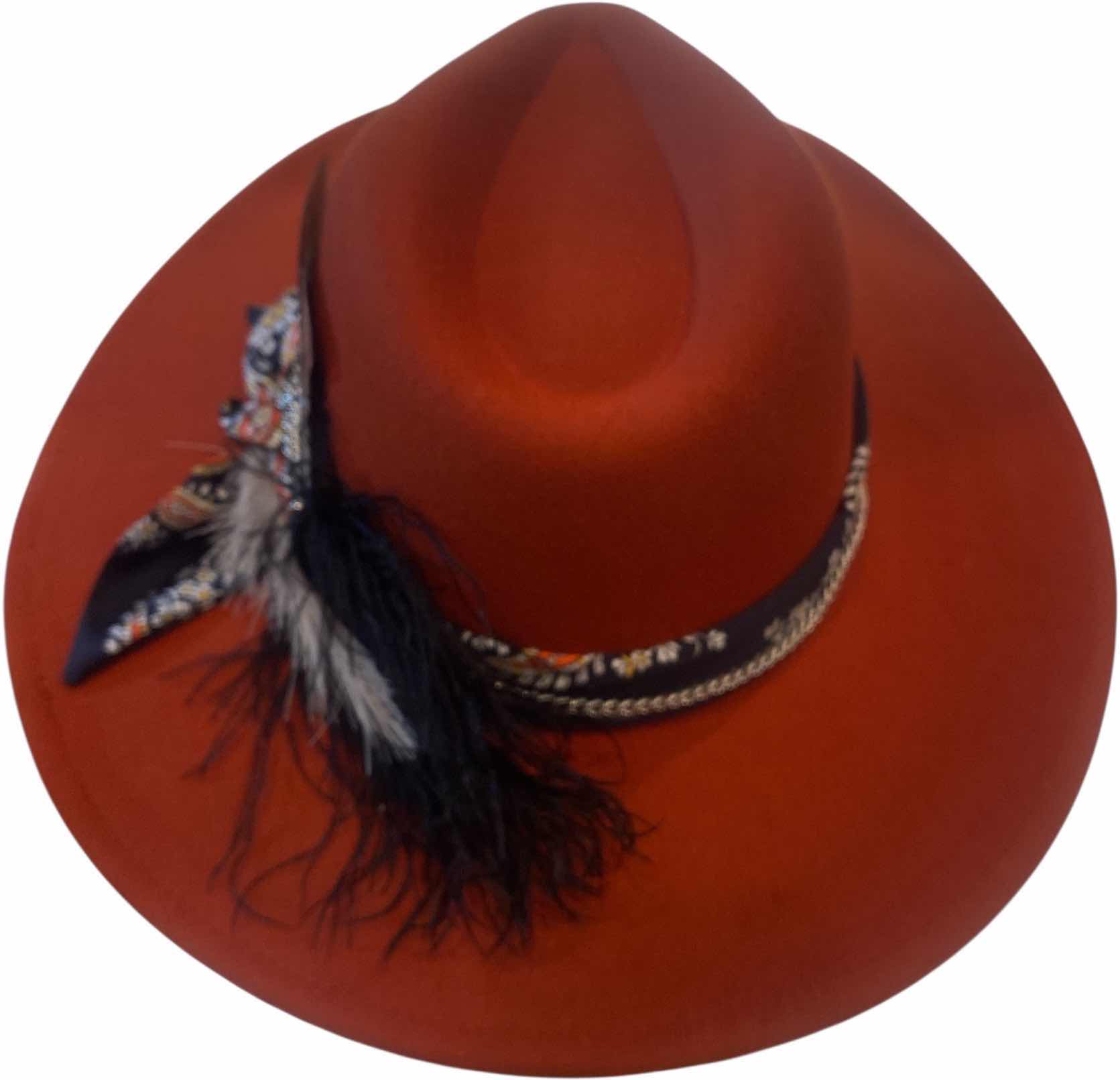 Photo 1 of NEW - CUSTOM DECORATED BURNT SIENNA CASINO THEME FEDORA HAT WITH  REMOVABLE FEATHER - ADJUSTABLE WITH INTERIOR RIBBON - TIE TO FIT