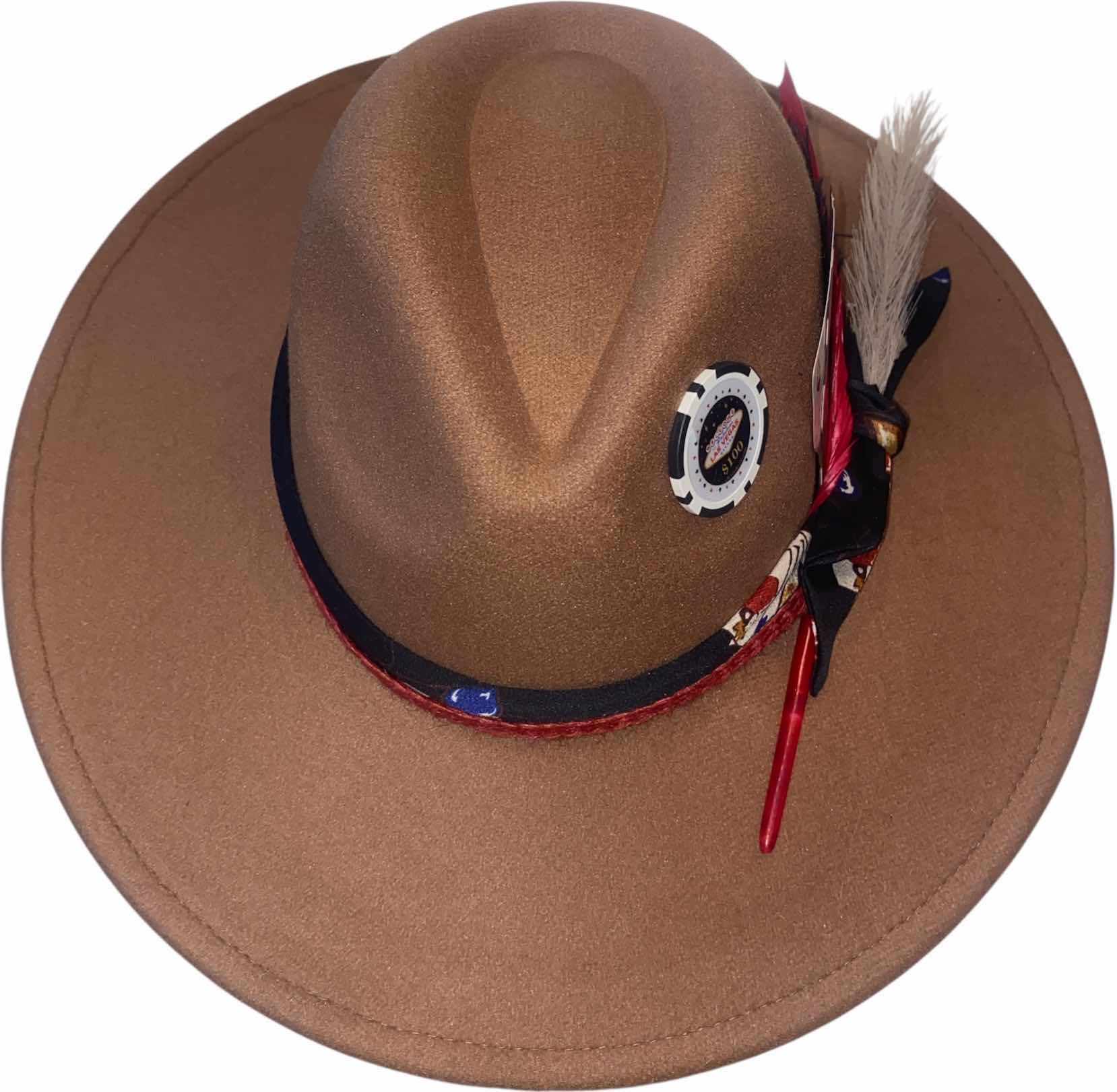 Photo 1 of NEW - CUSTOM DECORATED KAHKI TAN CASINO THEME FEDORA HAT WITH  REMOVABLE FEATHER - ADJUSTABLE WITH INTERIOR RIBBON - TIE TO FIT